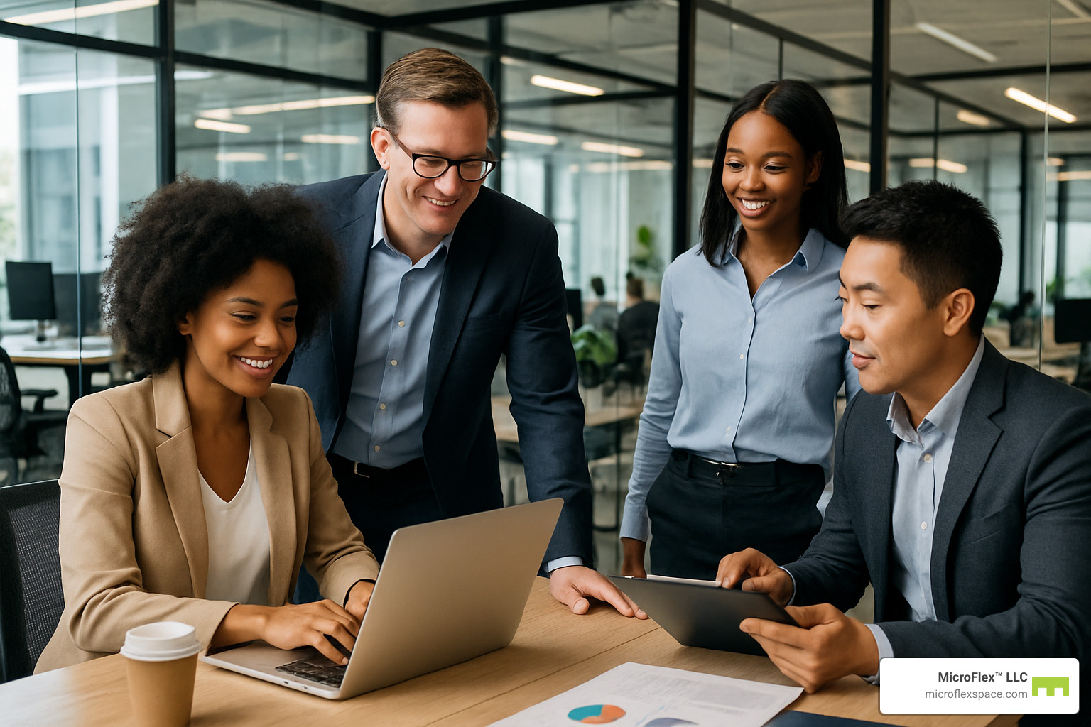 business team in flexible office space - short term office rent