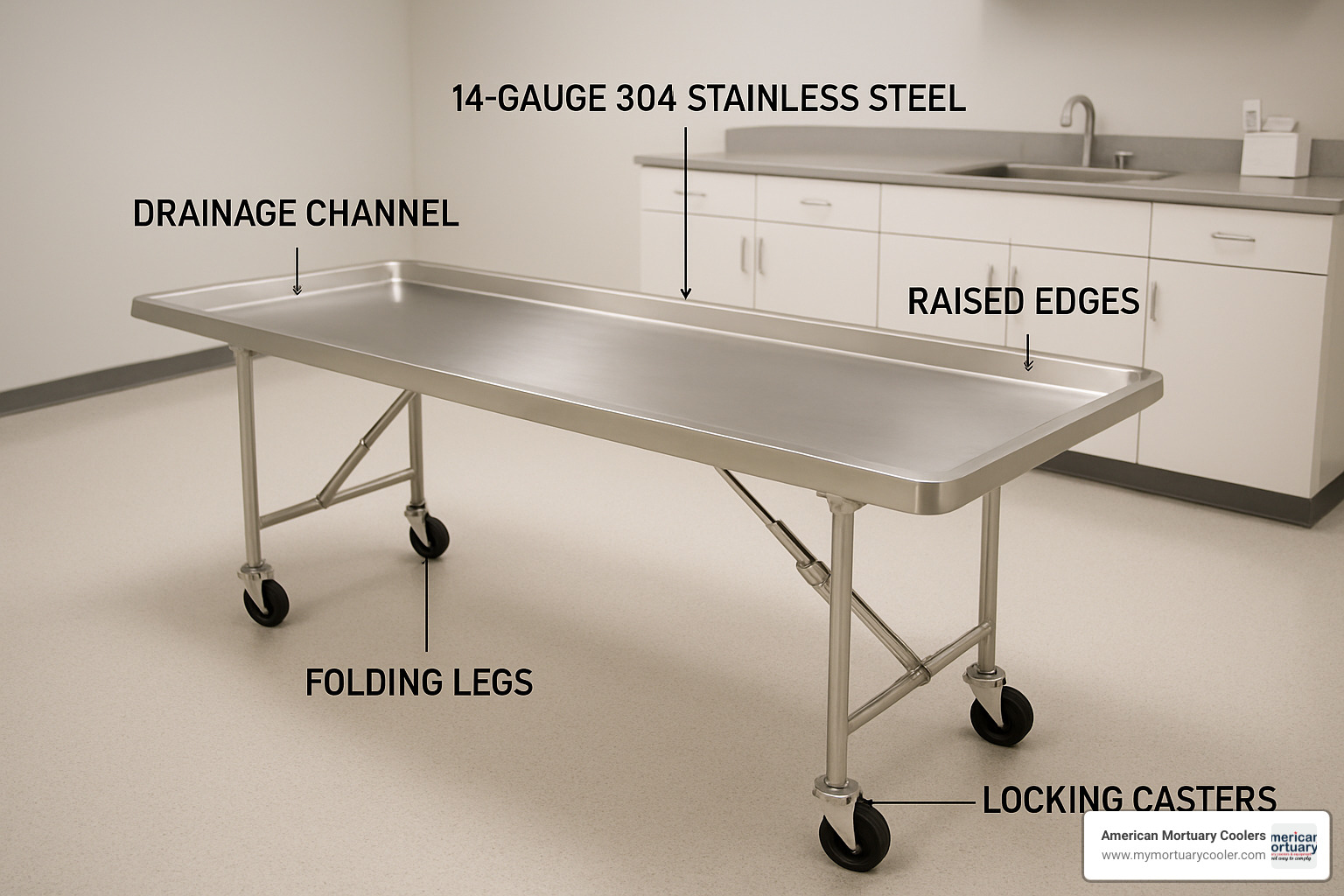 stainless steel funeral home table with features labeled - funeral home table
