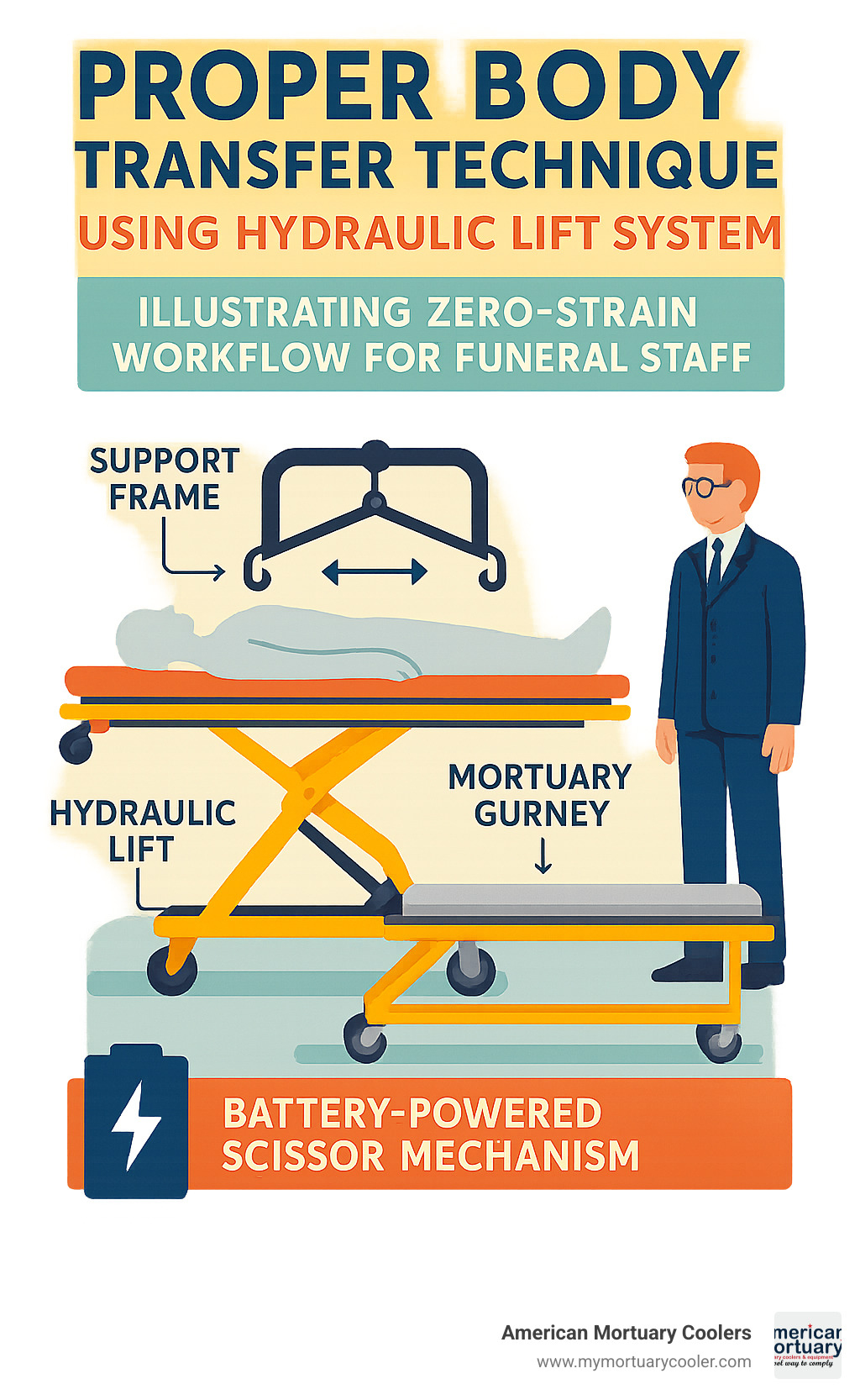 Diagram showing proper body transfer technique using hydraulic lift system, illustrating zero-strain workflow for funeral staff - mortuary equipment for sale infographic 