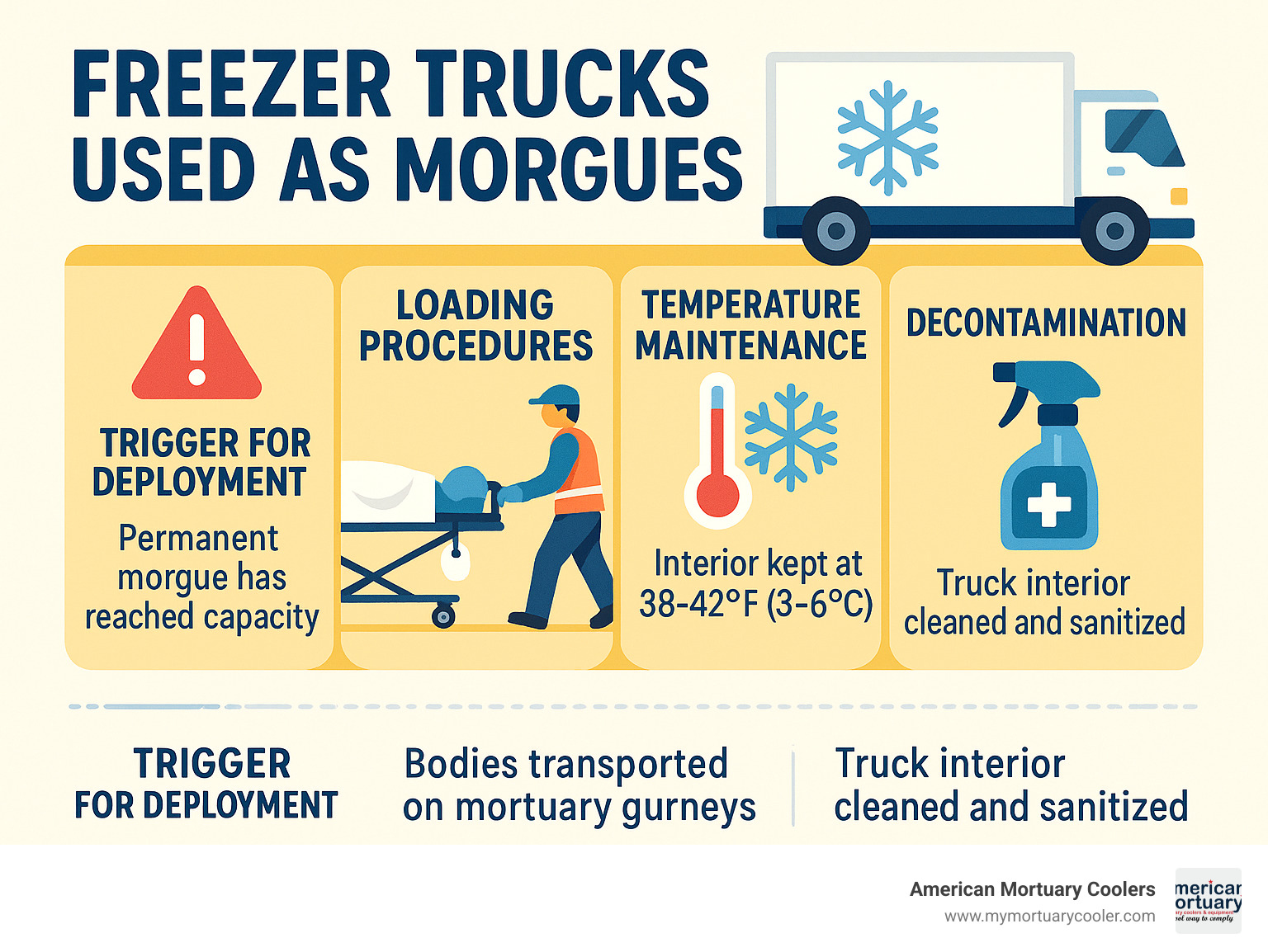 Detailed infographic showing the deployment process of refrigerated trucks as temporary morgues, including trigger points, loading procedures, temperature maintenance requirements, and decontamination protocols - freezer trucks used as morgues infographic 