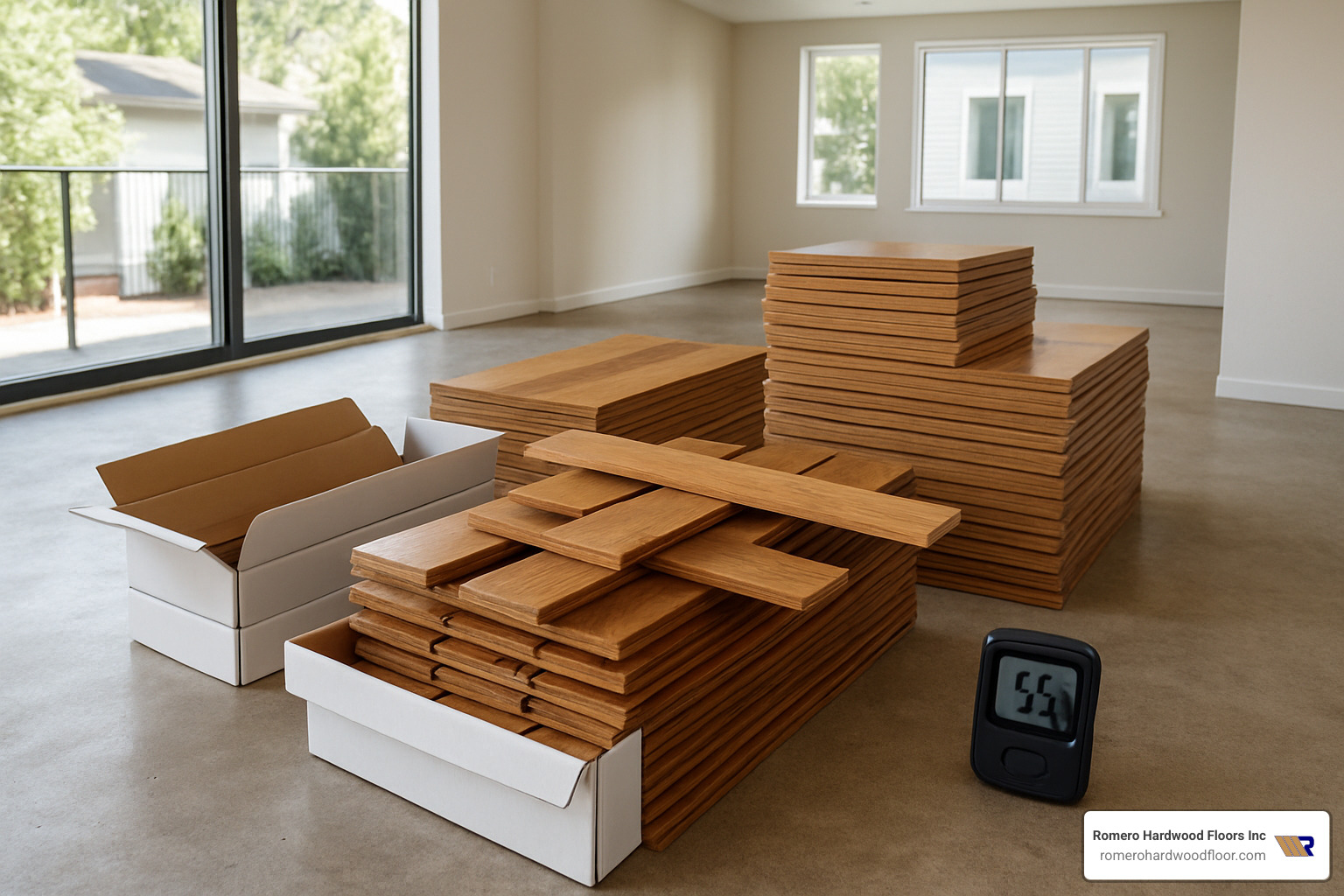 engineered hardwood planks acclimating in room - installing floating engineered hardwood floors on concrete slab