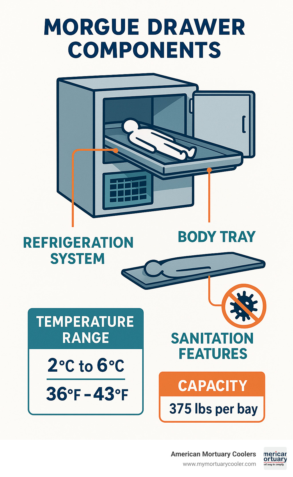 Diagram showing morgue drawer components including refrigeration system, body tray, temperature control, and sanitation features with temperature ranges and capacity specifications - morgue drawer infographic 
