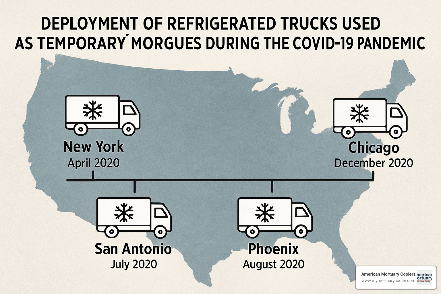 Timeline showing the deployment of refrigerated trucks as morgues across different states - freezer trucks used as morgues