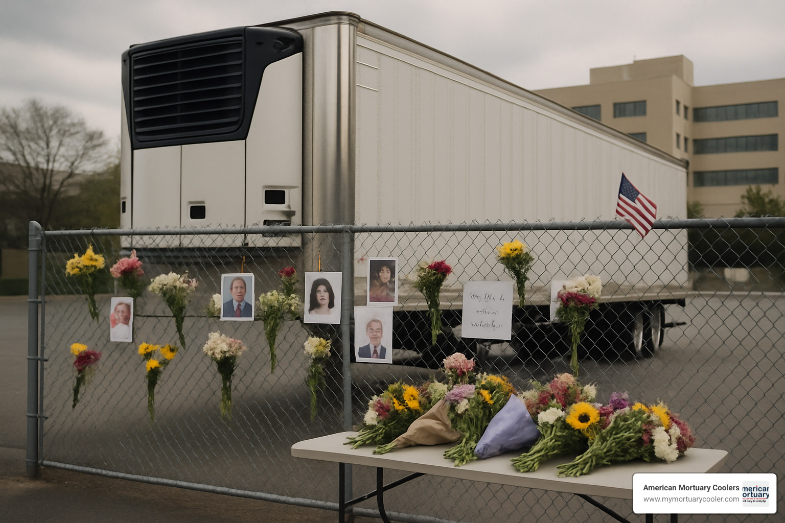 Memorial outside a refrigerated trailer used as a temporary morgue - freezer trucks used as morgues