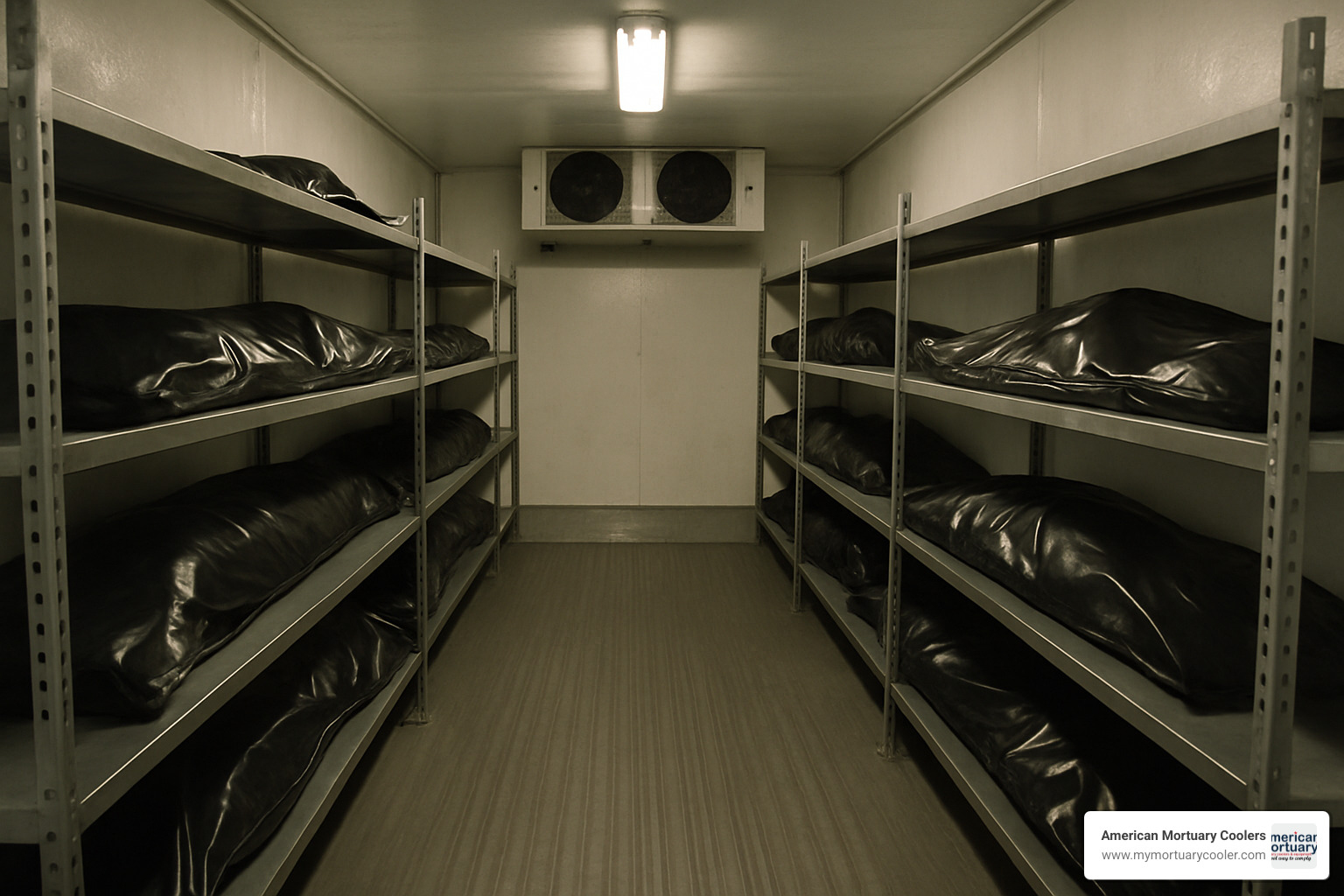 Interior shelving system of a refrigerated trailer configured as a temporary morgue - freezer trucks used as morgues