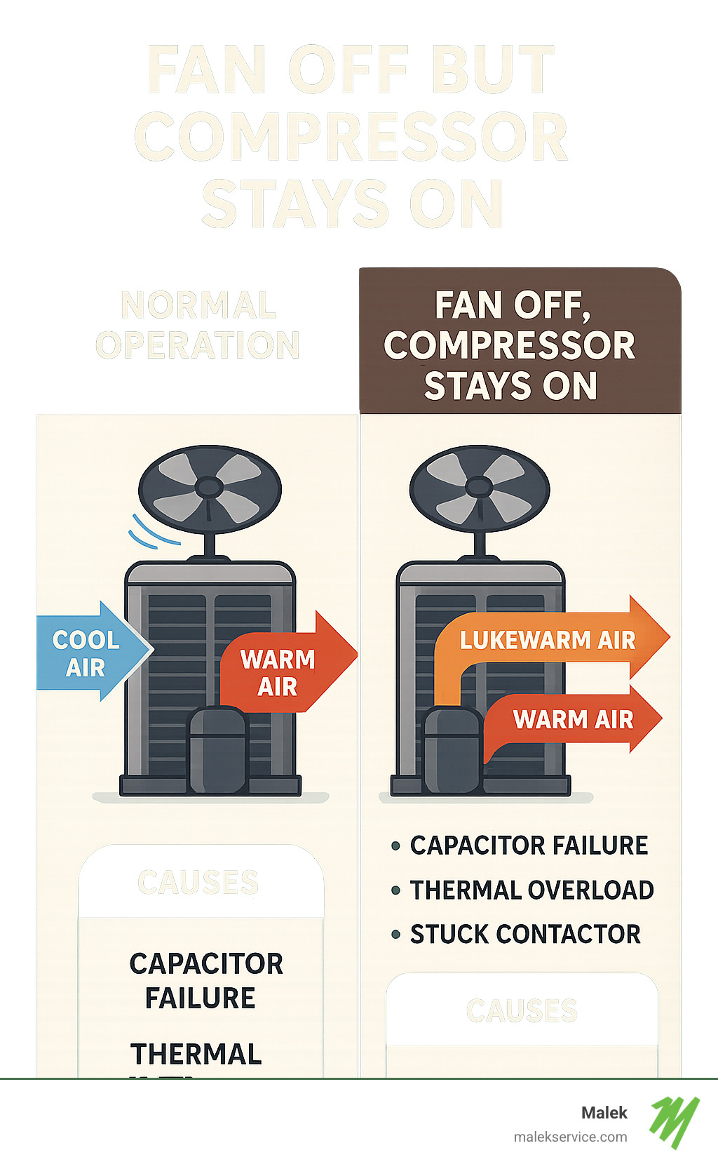 Diagram showing normal AC operation vs. fan turns off but compressor stays on condition, with illustrations of airflow patterns, component locations, and temperature differences in both scenarios, highlighting potential causes like capacitor failure, thermal overload, and stuck contactors - fan turns off but compressor stays on infographic 