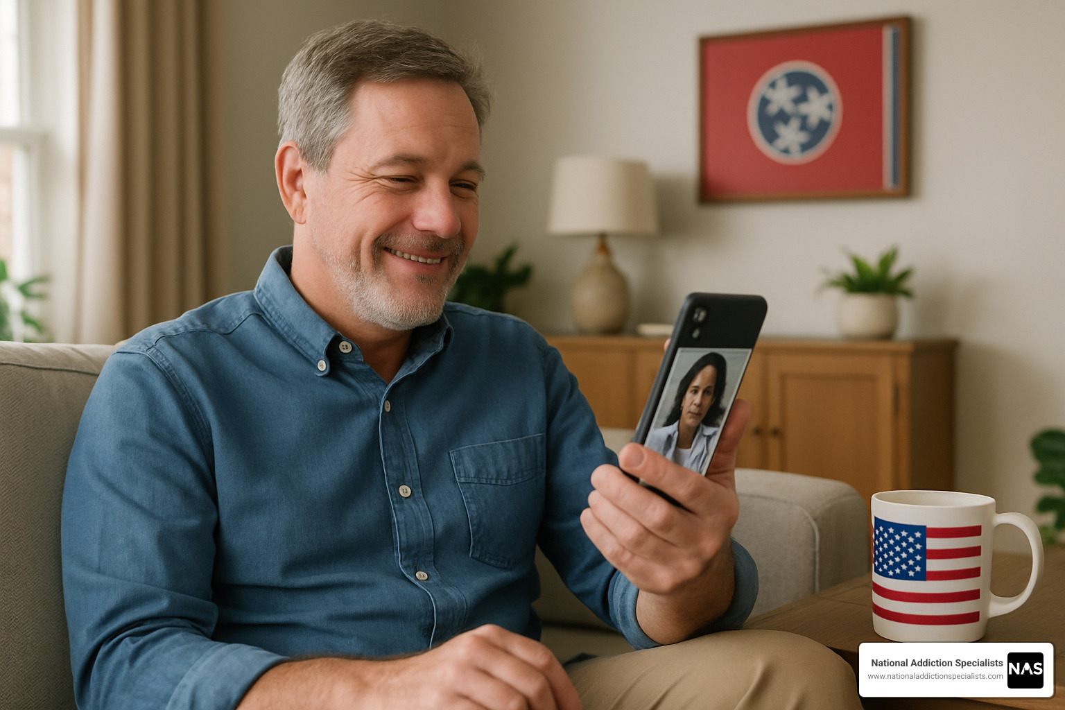 Patient using smartphone for telehealth appointment - suboxone clinic Tennessee