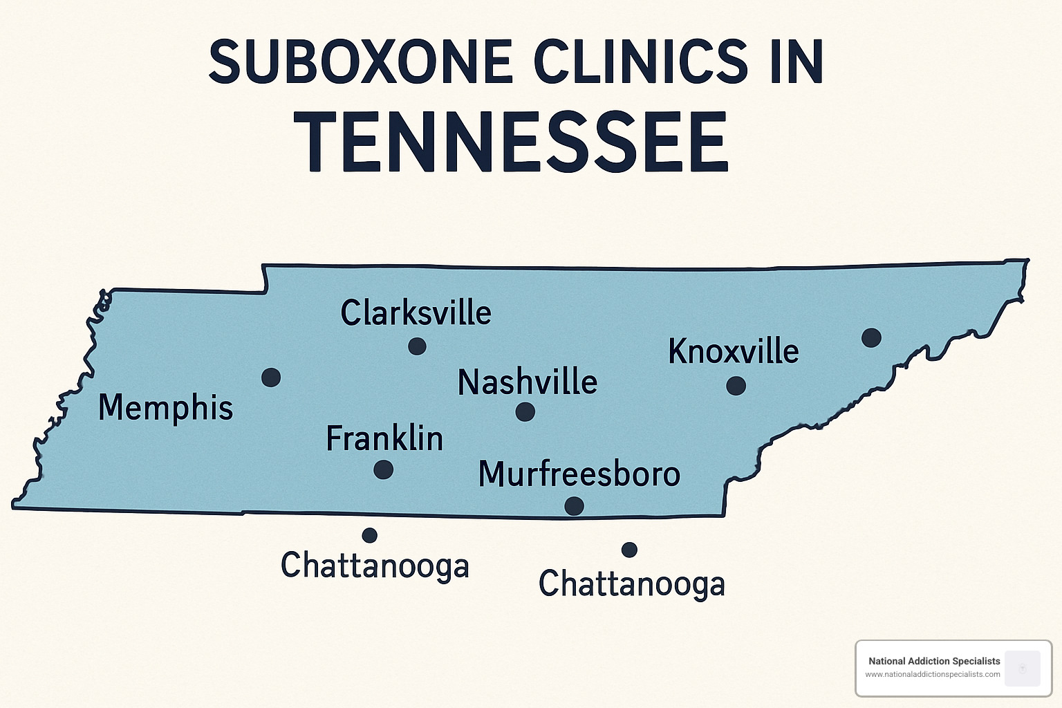Map showing suboxone clinics across Tennessee - suboxone clinic Tennessee