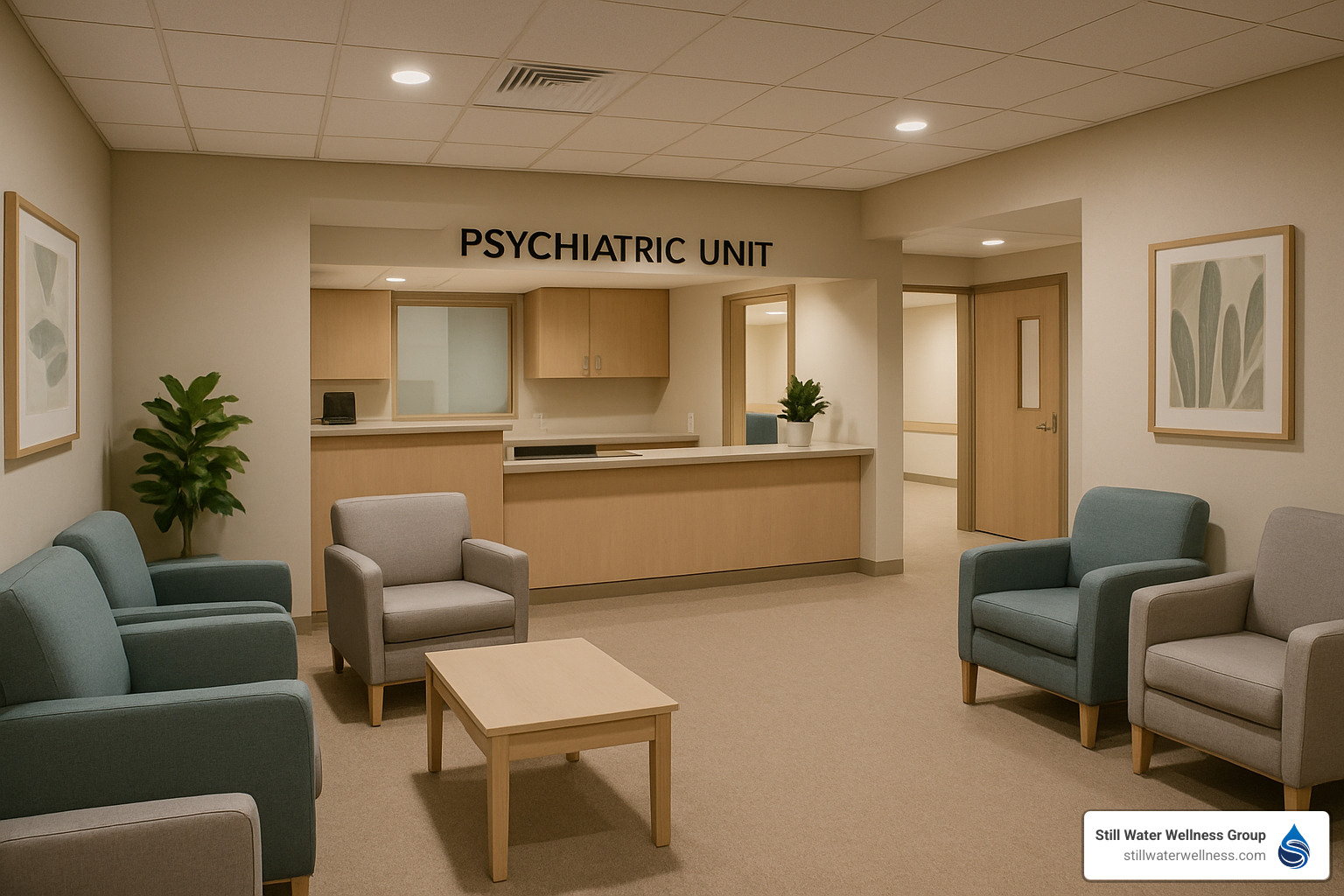 psychiatric unit with calming decor and nursing station - inpatient mental health care