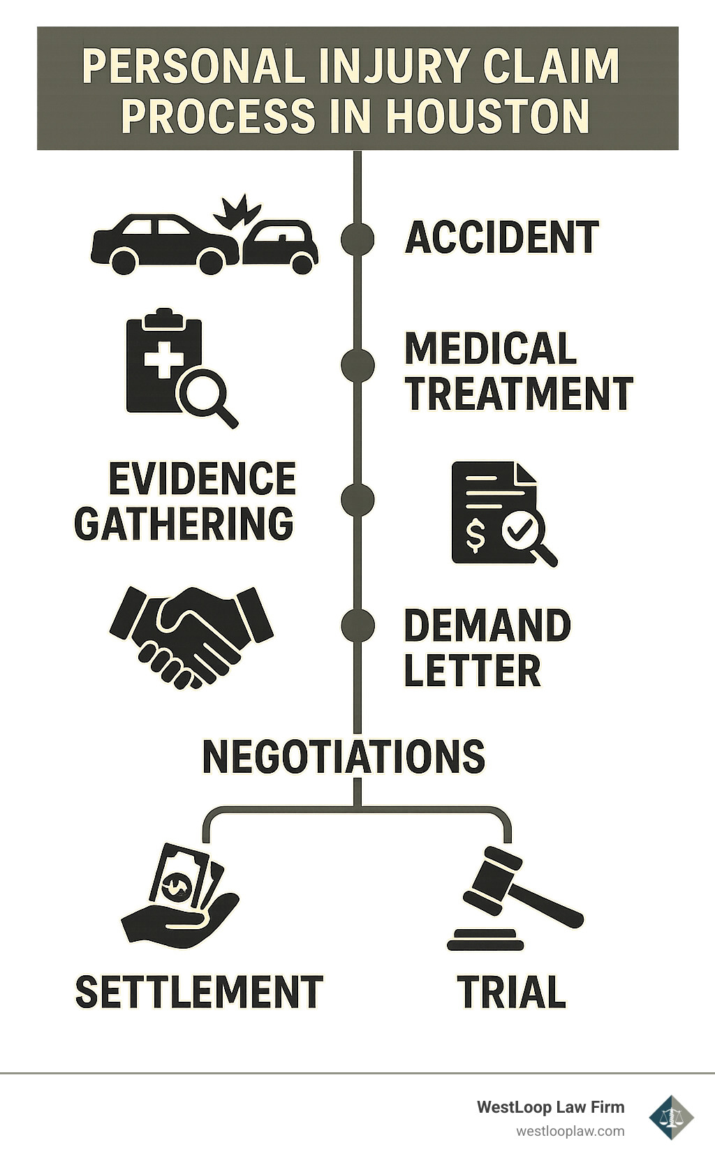 Personal injury claim process in Houston showing timeline from accident through settlement or trial, including key steps like medical treatment, evidence gathering, demand letter, negotiations, and potential litigation phases - houston personal injury lawyer infographic 