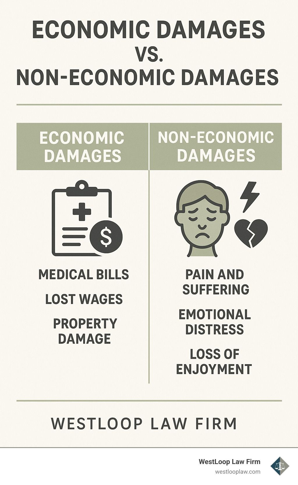 Comparison of economic damages (medical bills, lost wages, property damage) versus non-economic damages (pain and suffering, emotional distress, loss of enjoyment) - houston personal injury lawyer infographic 