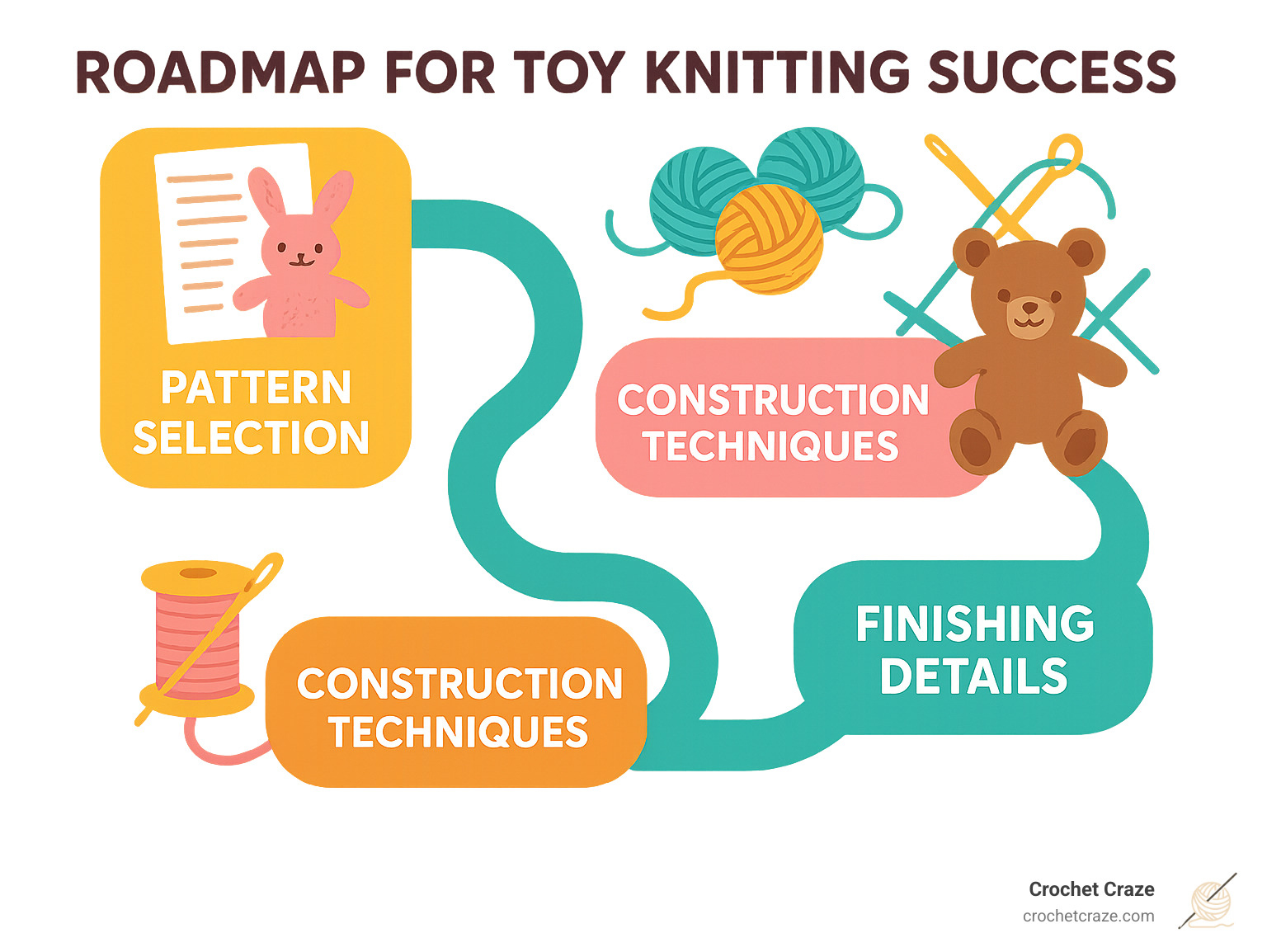 Roadmap for toy knitting success showing pattern selection, material gathering, construction techniques, and finishing details - ravelry free toy knitting patterns infographic