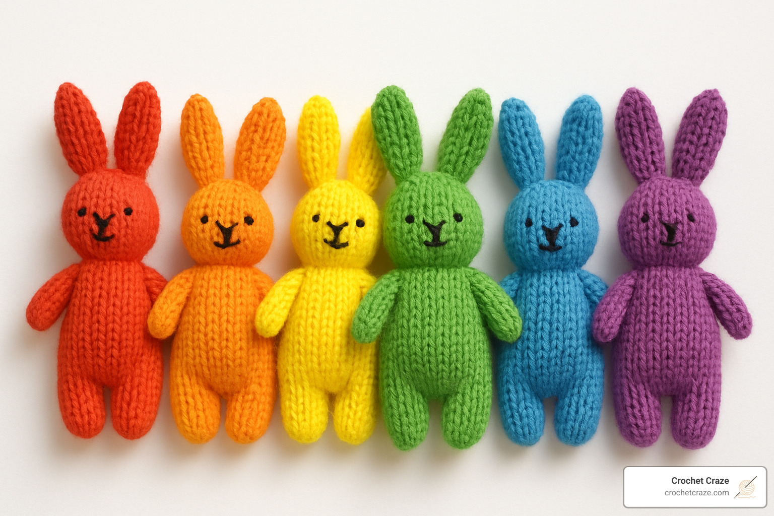 Rainbow of knitted bunny toys in various colors - ravelry free toy knitting patterns