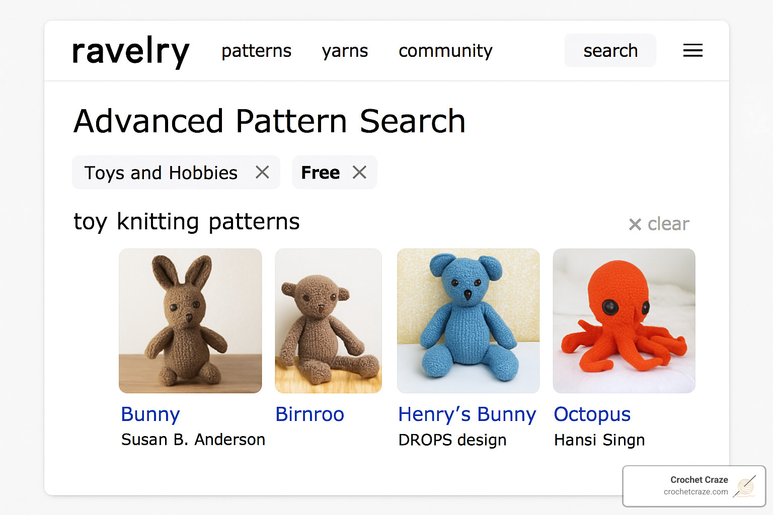 Ravelry advanced search interface showing filters for toy patterns - ravelry free toy knitting patterns