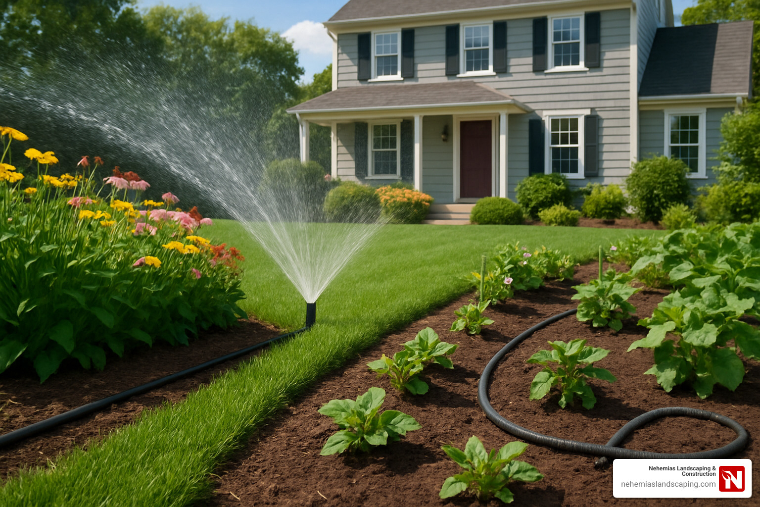 various lawn watering system types including in-ground sprinklers, drip irrigation, and soaker hoses - lawn watering system