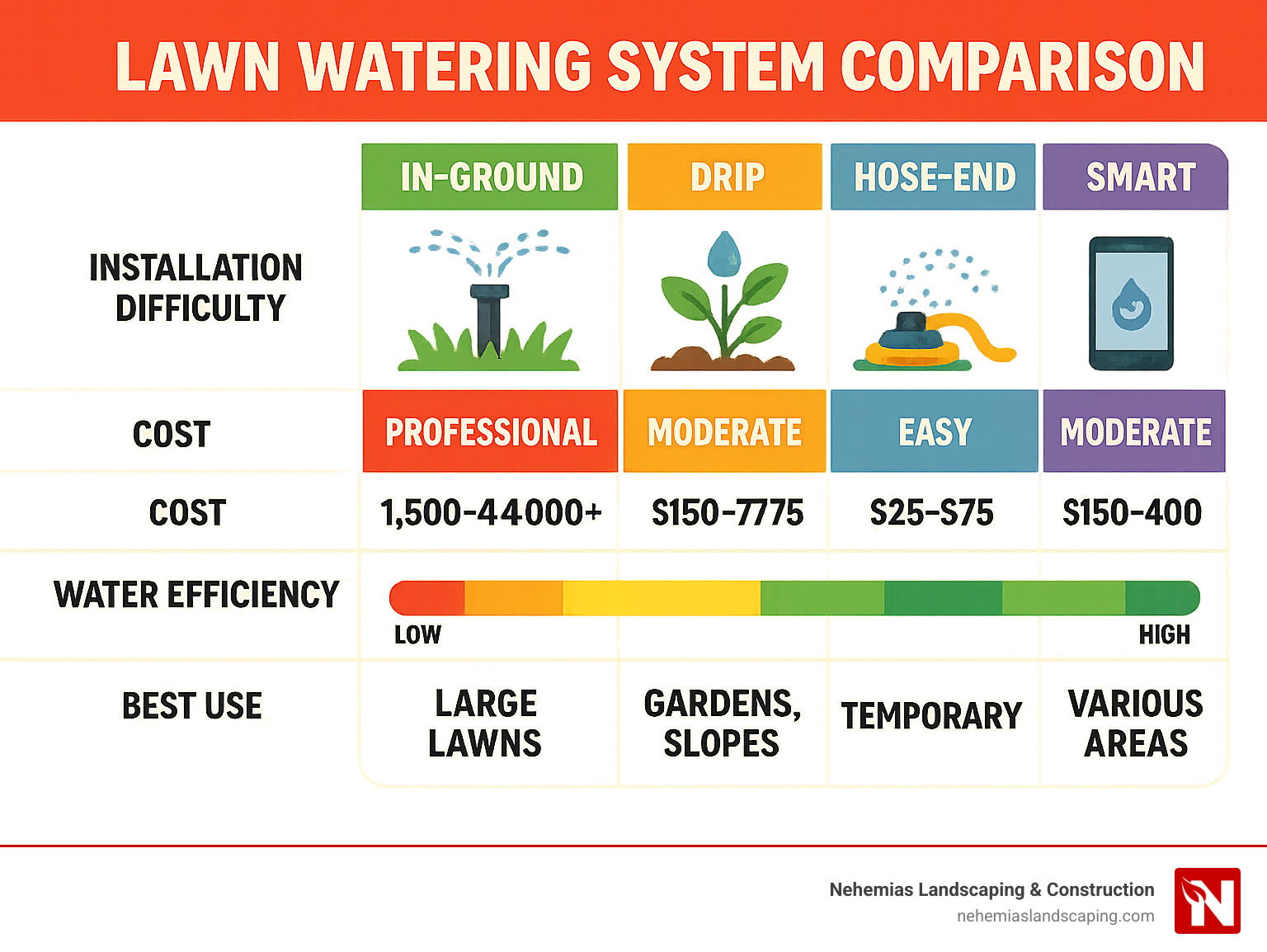 Comprehensive lawn watering system comparison showing different types (in-ground, drip, hose-end, smart systems), their installation difficulty (easy to professional), cost ranges ($25-$4,000+), water efficiency ratings (low to high), and best uses for each system type (large lawns, gardens, slopes, etc.) - lawn watering system infographic 