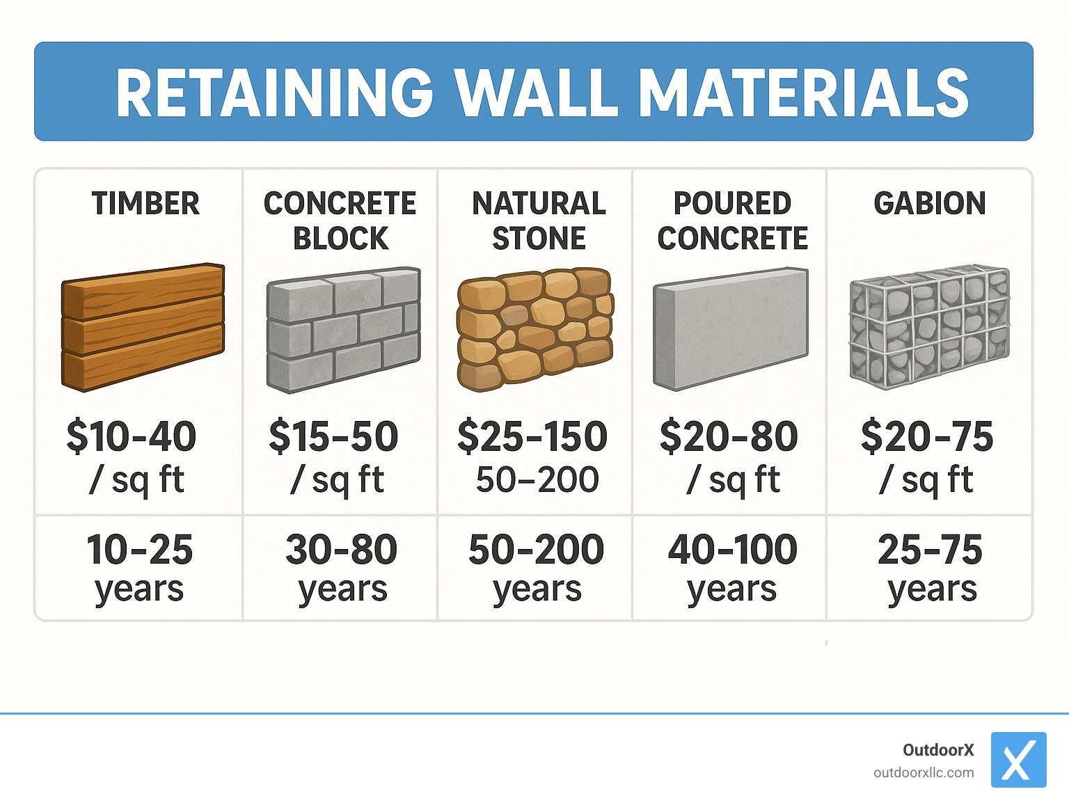 Infographic comparing retaining wall materials with cost ranges and expected lifespans: Timber ($10-40/sq ft, 10-25 years), Concrete Block ($15-50/sq ft, 30-80 years), Natural Stone ($25-150/sq ft, 50-200 years), Poured Concrete ($20-80/sq ft, 40-100 years), Gabion ($20-75/sq ft, 25-75 years) - retaining wall contractor near me infographic