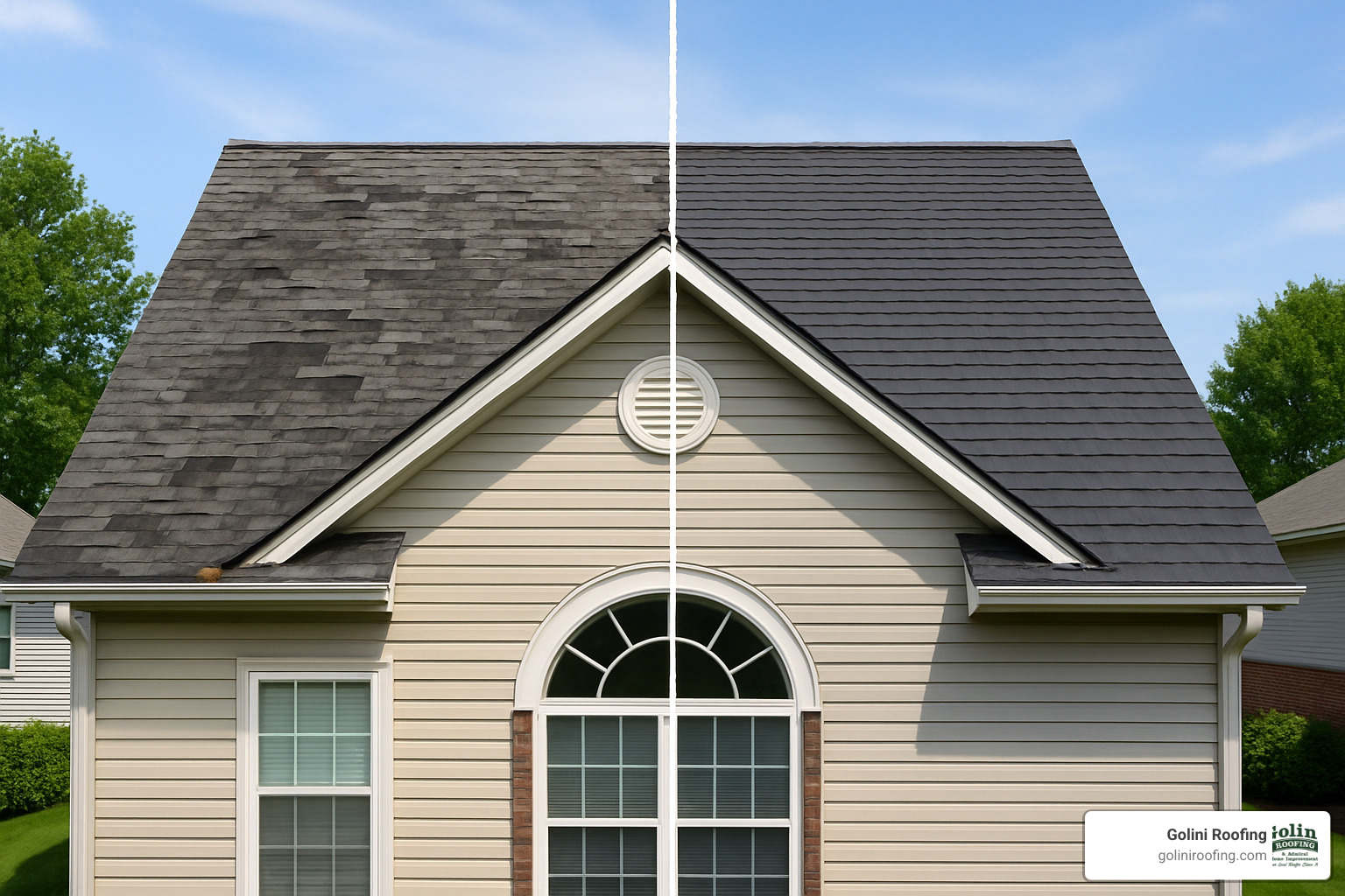 side-by-side comparison of partially damaged roof and new replacement roof - roofing repair contractors near me