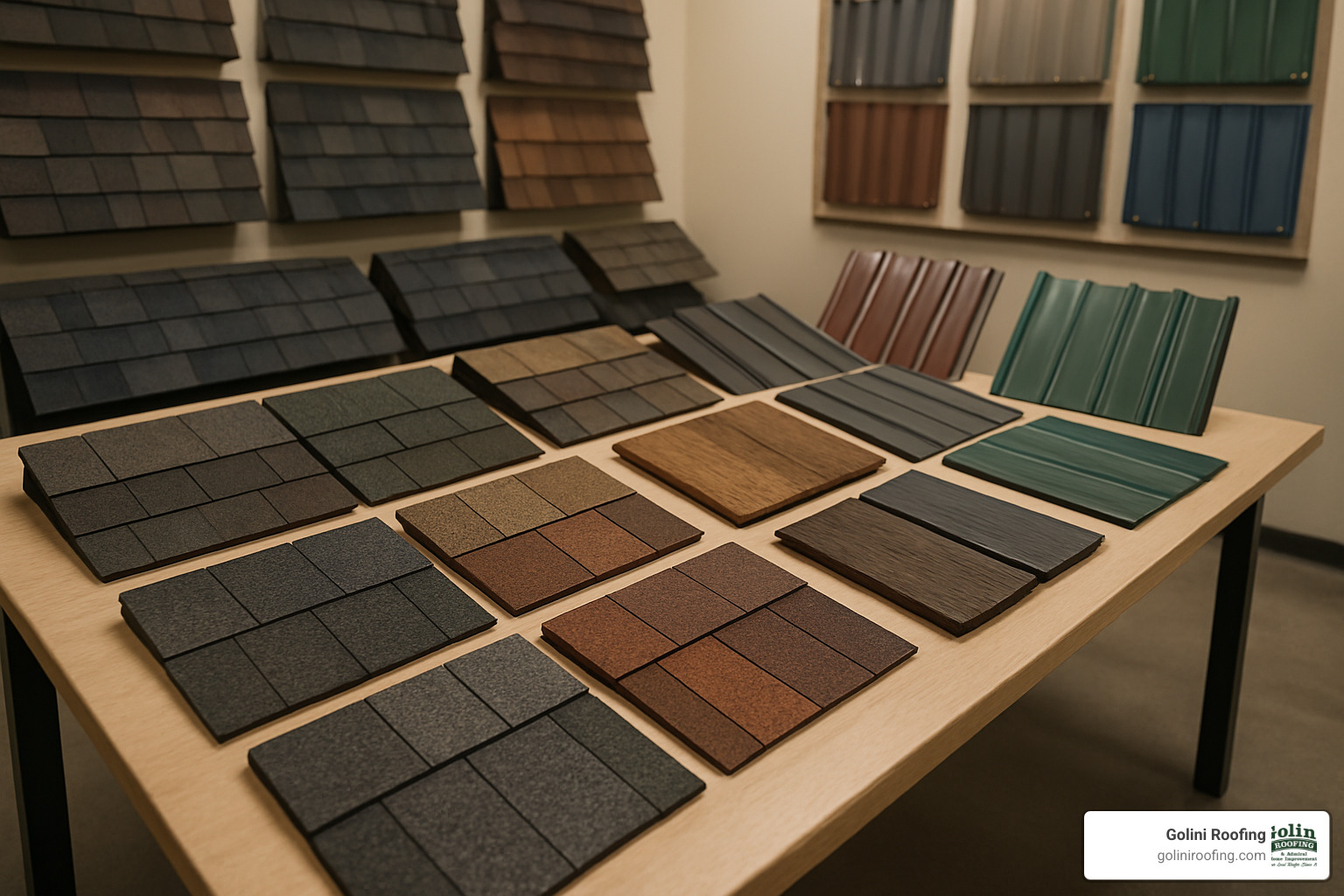 roofing material samples showing different shingle types and colors - roofing repair contractors near me