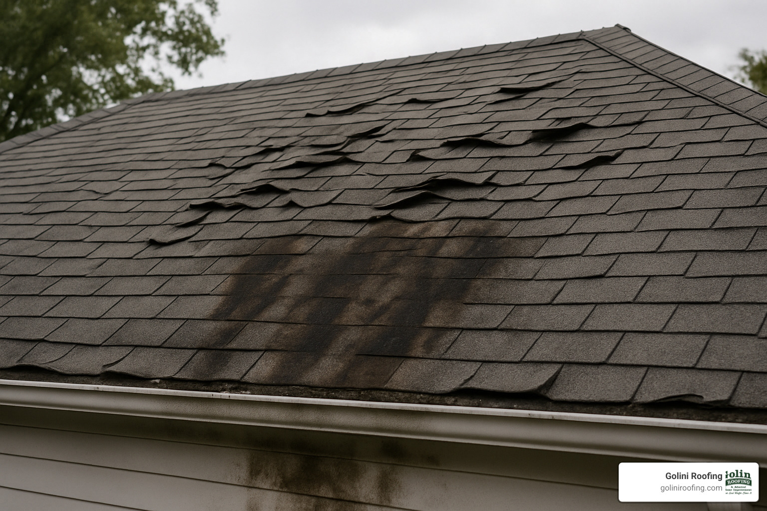 damaged roof with curling shingles and visible water damage - roofing repair contractors near me