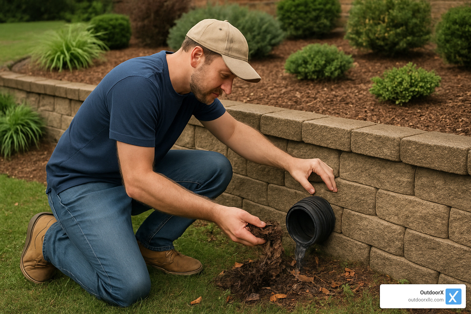 homeowner inspecting drain outlet - retaining wall contractor near me