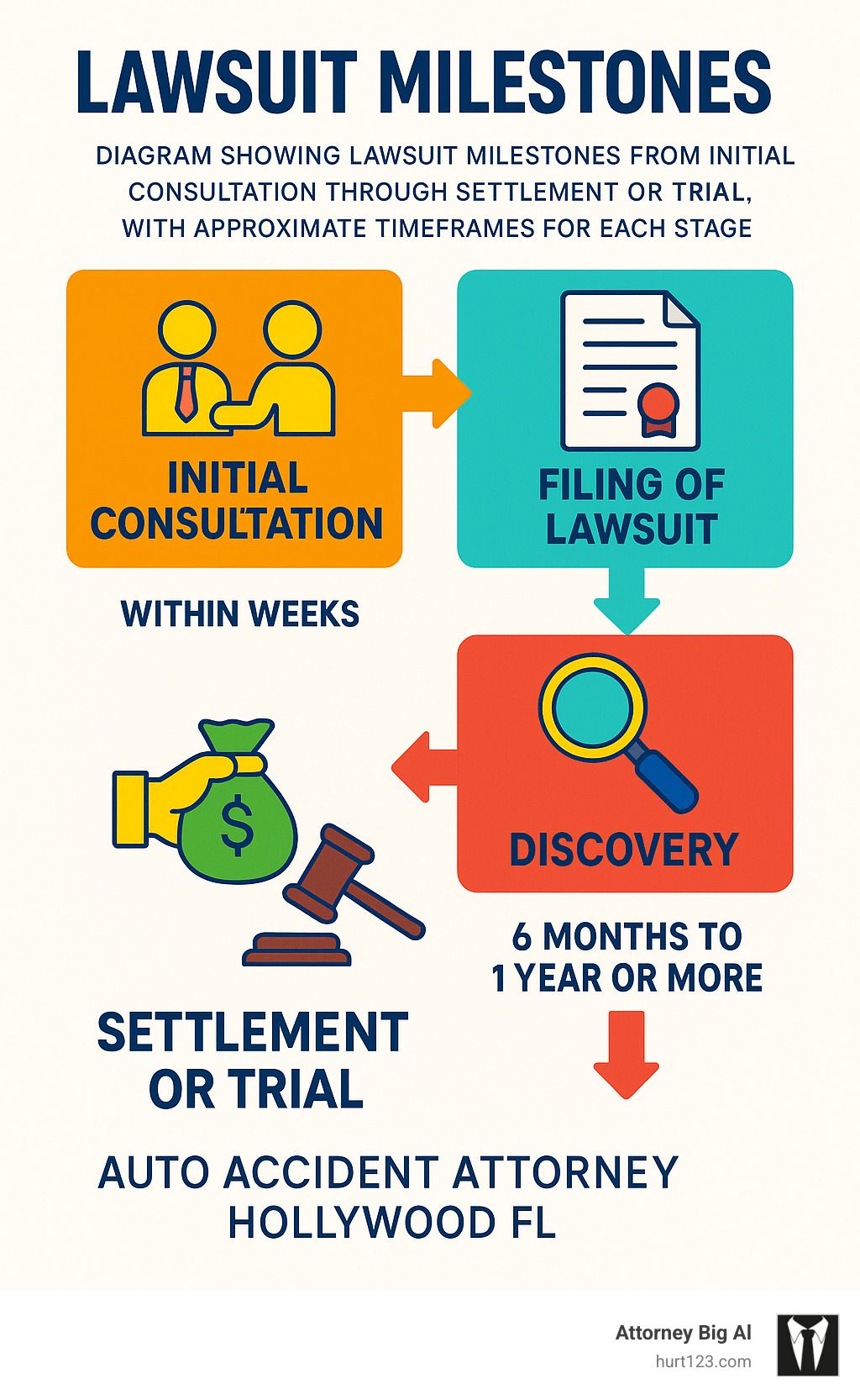 Diagram showing lawsuit milestones from initial consultation through settlement or trial, with approximate timeframes for each stage - auto accident attorney hollywood fl infographic 