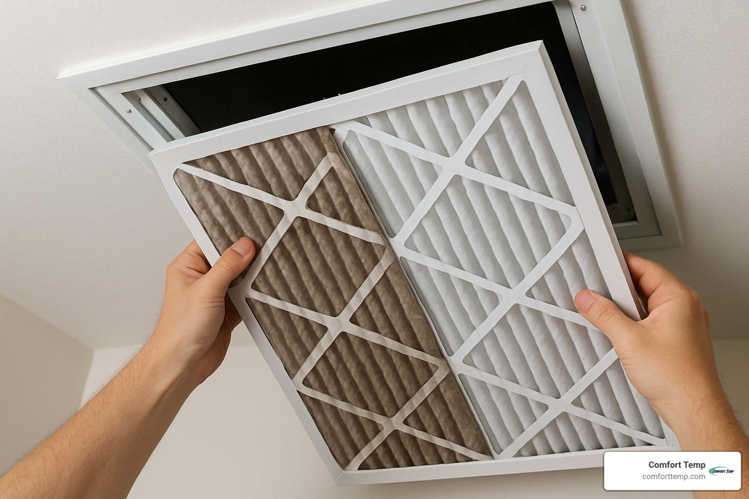Air filter replacement showing dirty filter being removed and clean filter being installed - air conditioning maintenance tips Air filter replacement showing dirty filter being removed and clean filter being installed - air conditioning maintenance tips