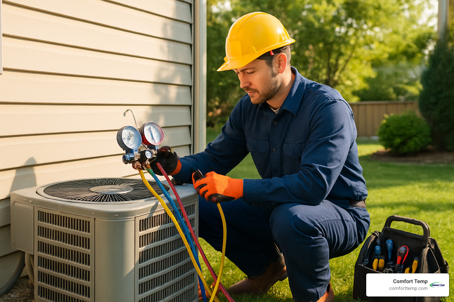 HVAC technician performing maintenance on an outdoor condenser unit - air conditioning maintenance tips HVAC technician performing maintenance on an outdoor condenser unit - air conditioning maintenance tips