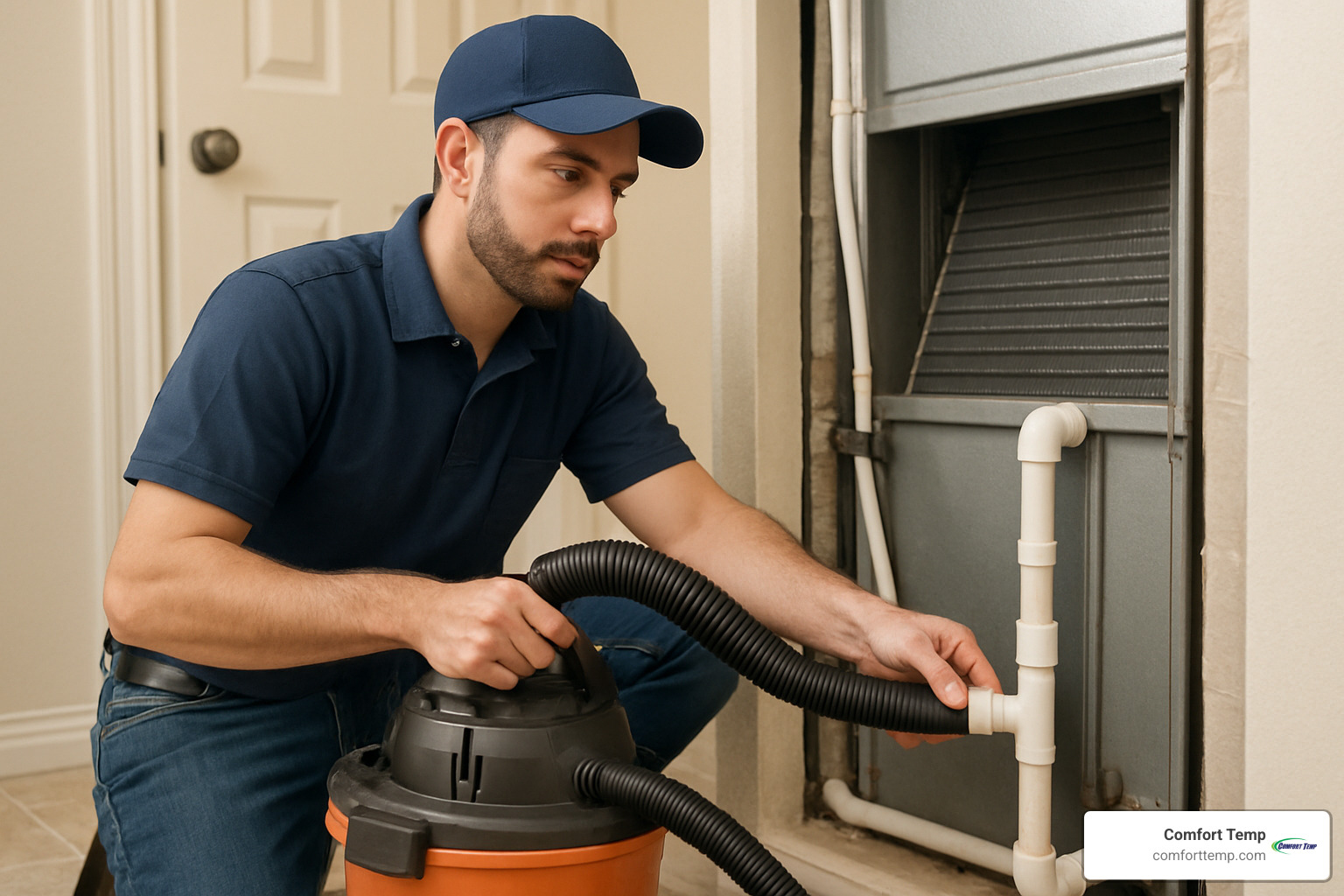Technician clearing a condensate drain line with a wet/dry vacuum - air conditioning maintenance tips Technician clearing a condensate drain line with a wet/dry vacuum - air conditioning maintenance tips