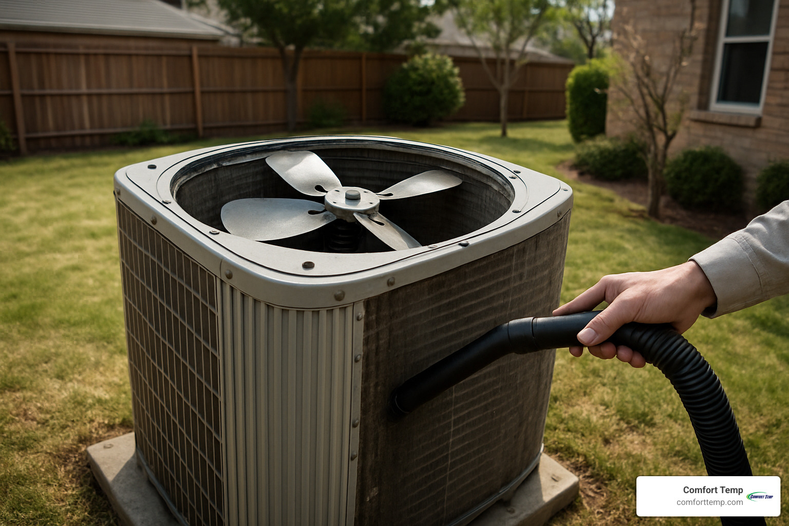 Outdoor condenser unit with fan cage removed for cleaning - air conditioning maintenance tips Outdoor condenser unit with fan cage removed for cleaning - air conditioning maintenance tips