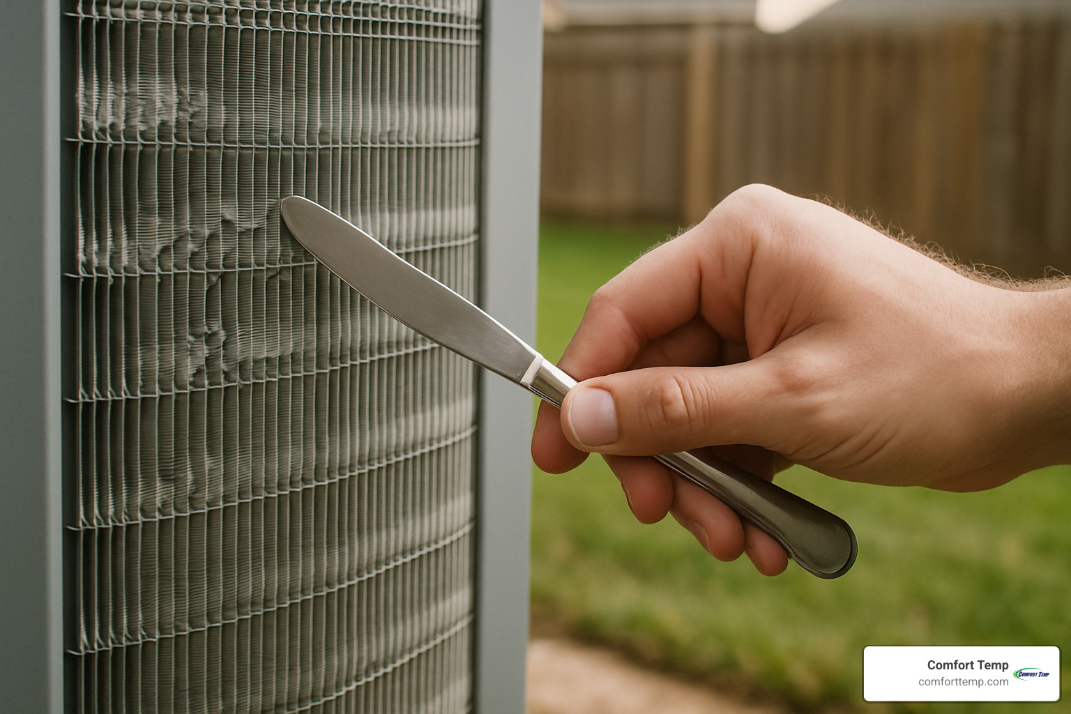 Close-up of a butter knife being used as a fin-straightening tool - air conditioning maintenance tips Close-up of a butter knife being used as a fin-straightening tool - air conditioning maintenance tips