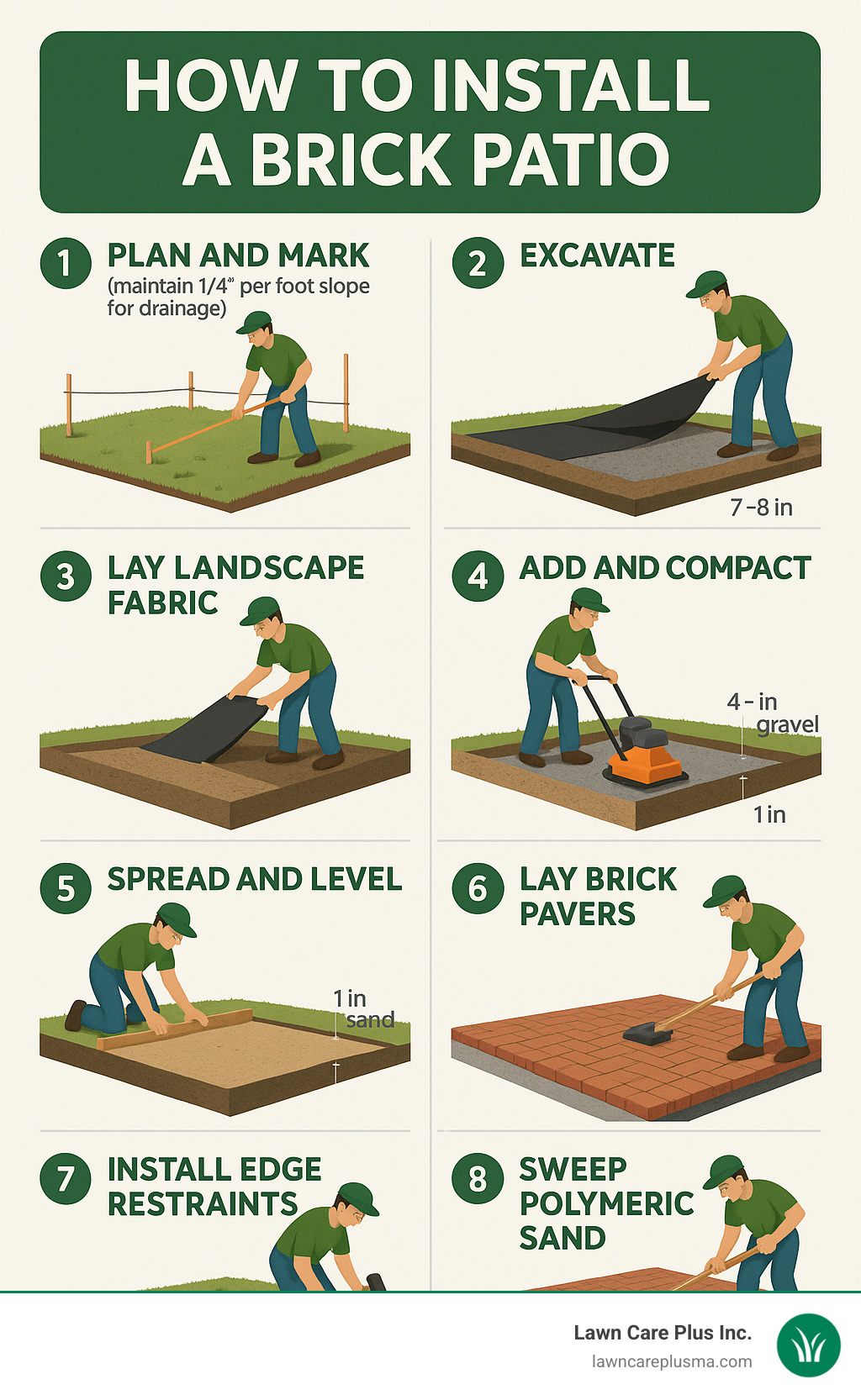 Detailed infographic showing the 8-step process of installing a brick patio, including site preparation, base installation, brick laying patterns, and finishing techniques with appropriate depths and materials for each layer - how to install a brick patio infographic 