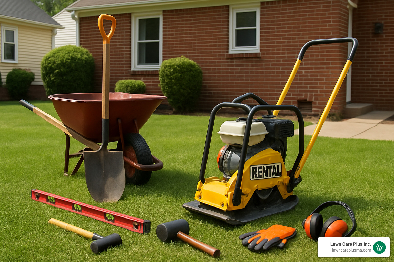 rental plate compactor and other patio installation tools - how to install a brick patio