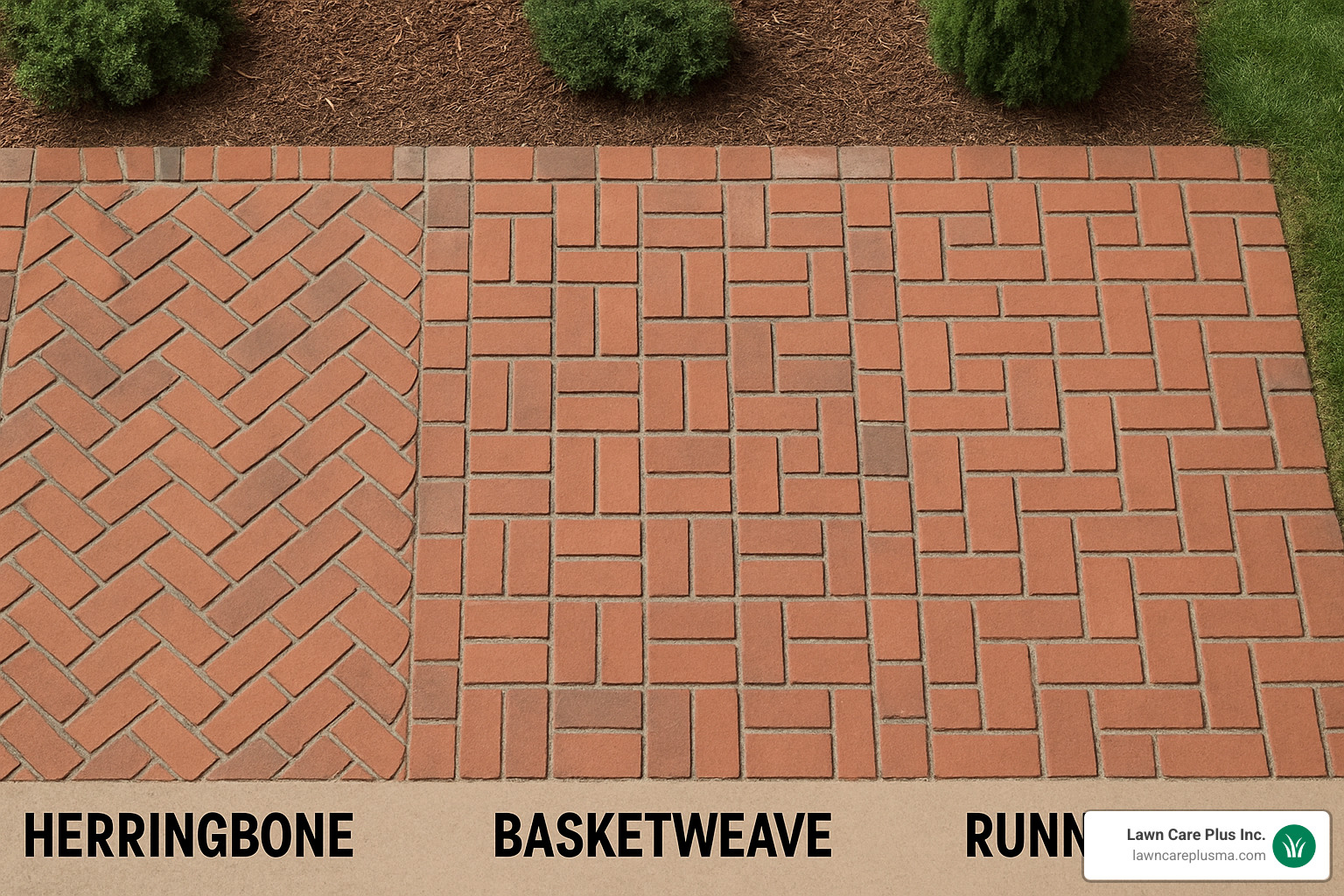 different brick patio patterns showing herringbone basketweave and running bond - how to install a brick patio