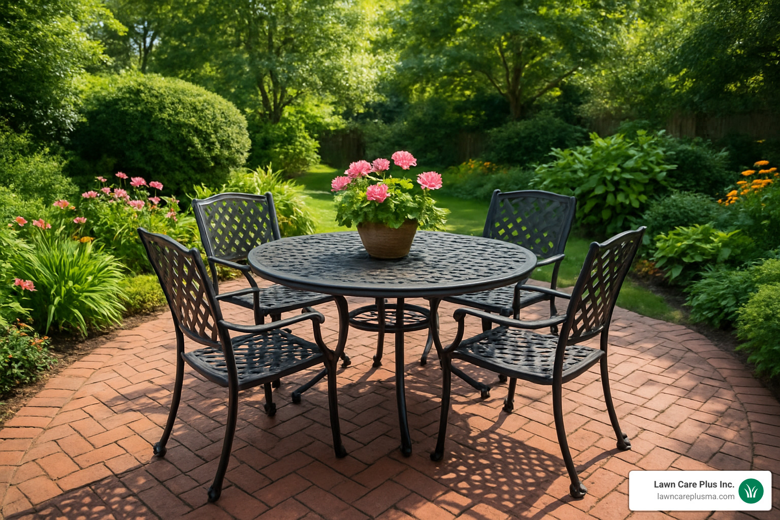 well maintained brick patio with outdoor furniture and plants - how to install a brick patio