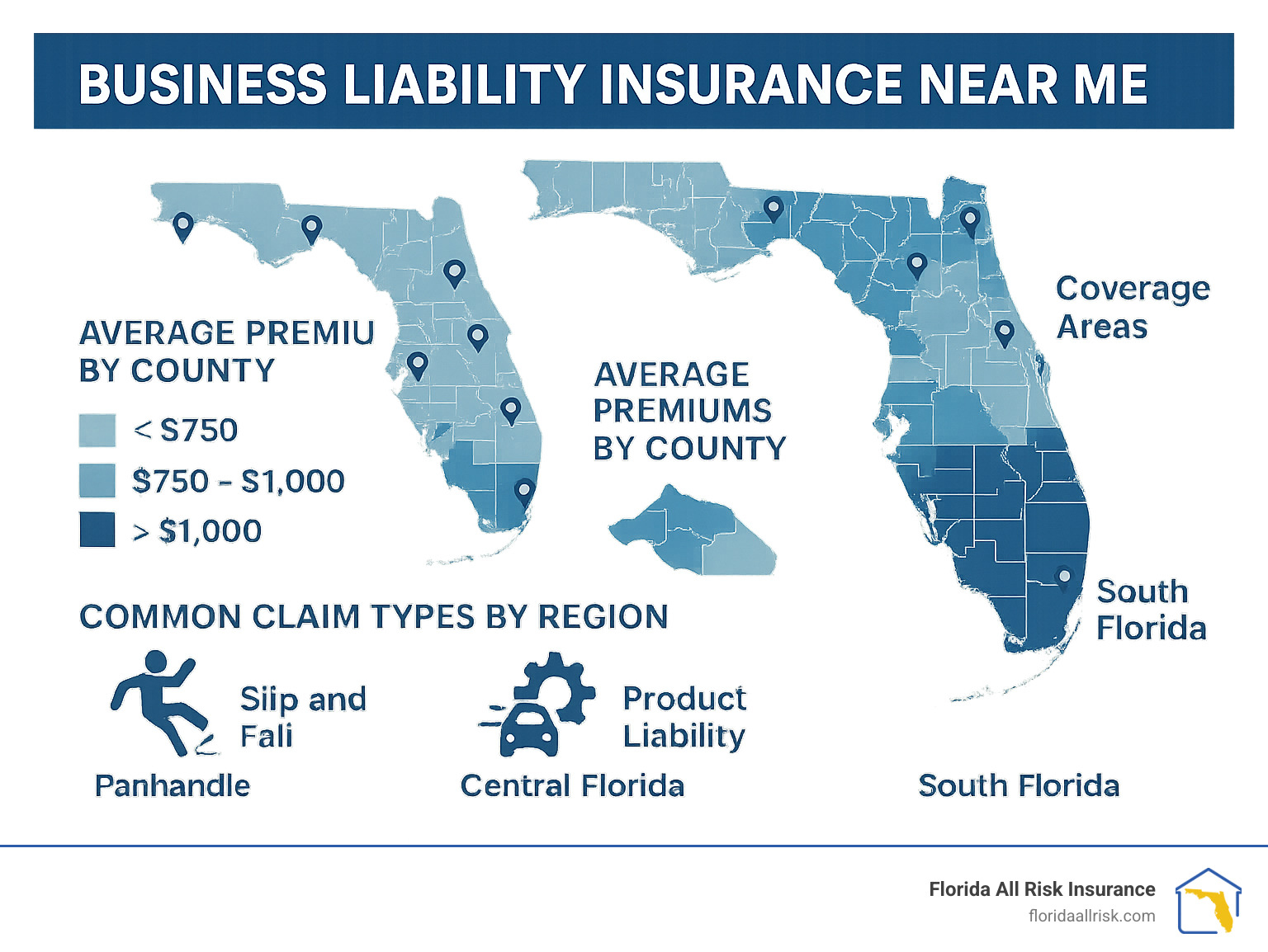 Map showing business liability insurance providers in Florida with coverage areas, average premiums by county, and common claim types by region - business liability insurance near me infographic 