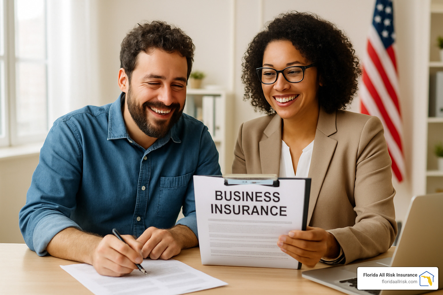 happy business owner with insurance agent reviewing policy - business liability insurance near me