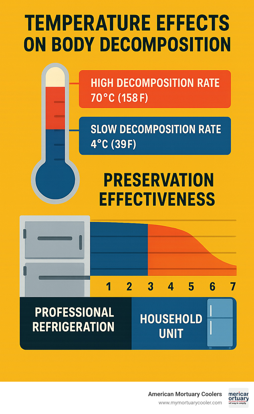 Diagram showing temperature effects on body decomposition rates with timeline of preservation effectiveness from 1-7 days in professional refrigeration vs. household units - body in refrigerator infographic 