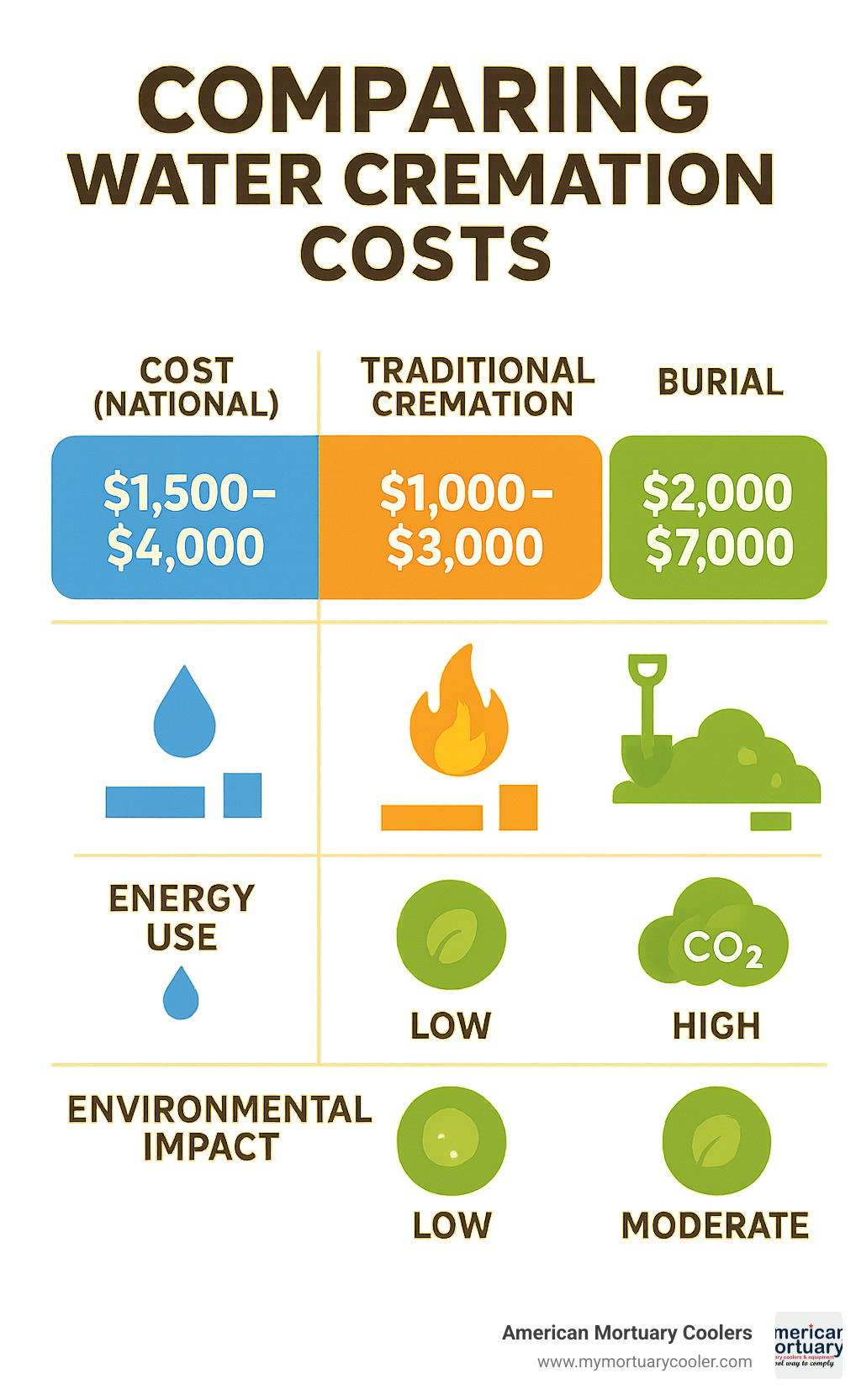 Comparison of water cremation costs vs traditional cremation and burial showing price ranges, energy consumption, and environmental impact factors across all 50 states - how much is water cremation infographic 