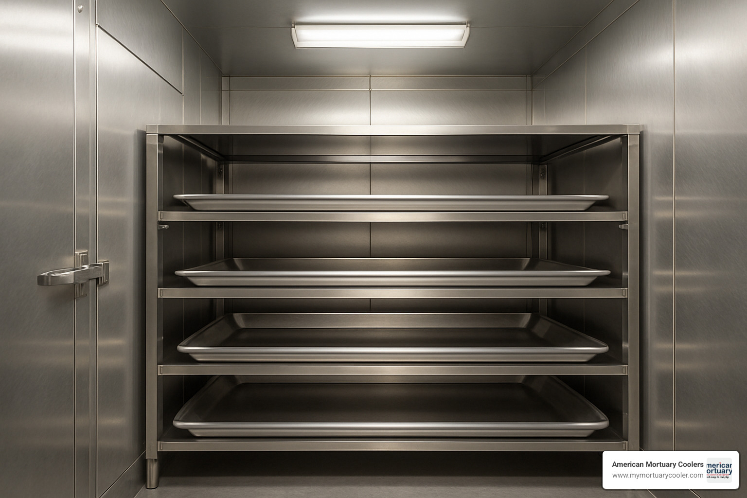 Walk-in mortuary cooler with stainless steel interior - body in refrigerator