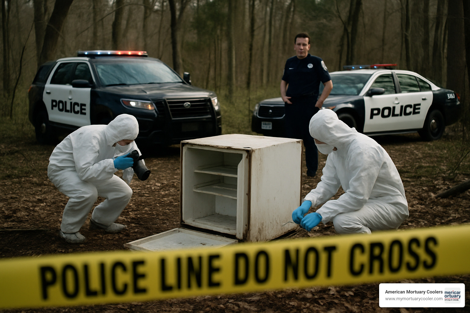 Police investigation scene with forensic team - body in refrigerator