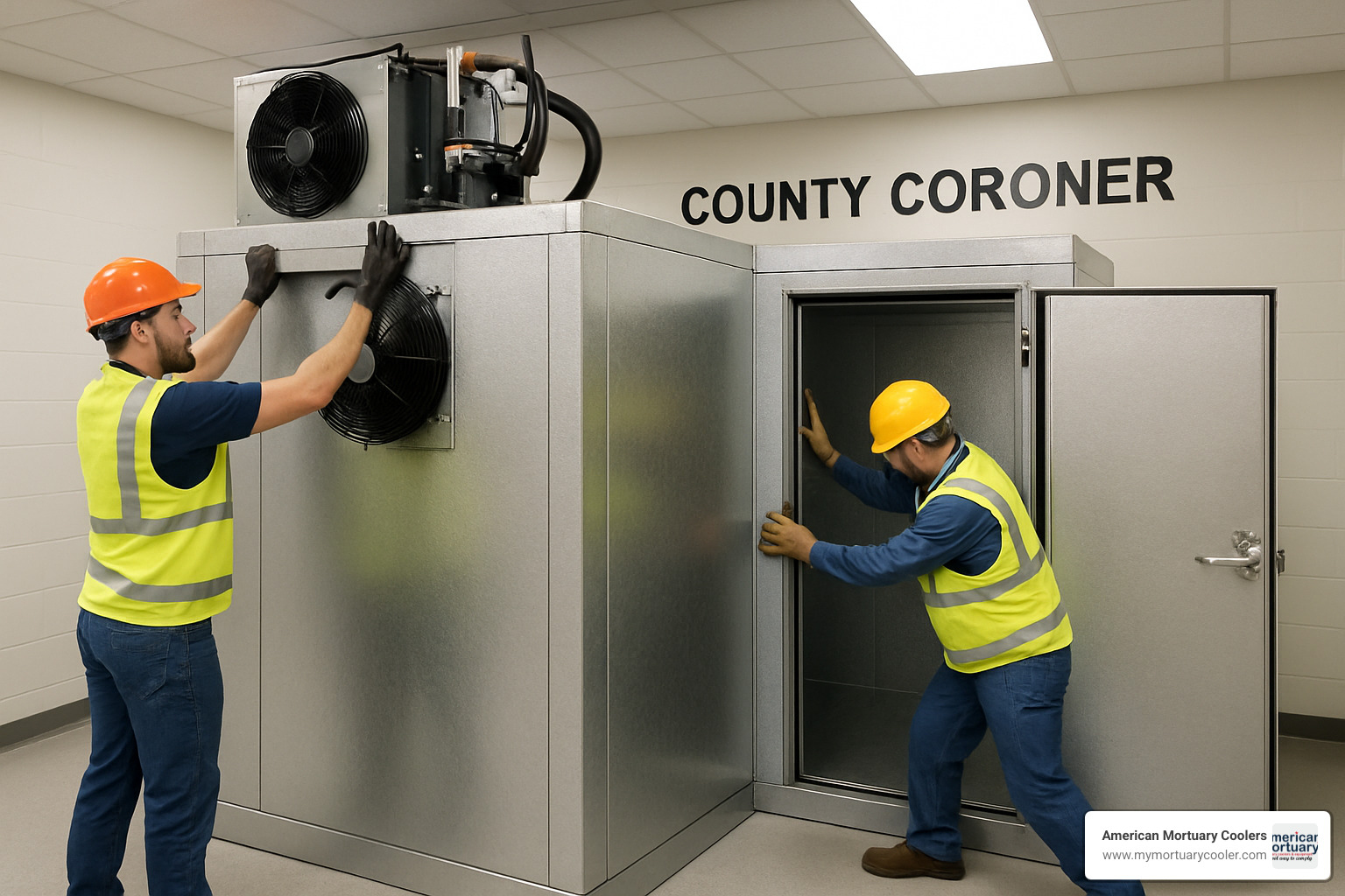 Modular walk-in mortuary cooler being installed - body in refrigerator