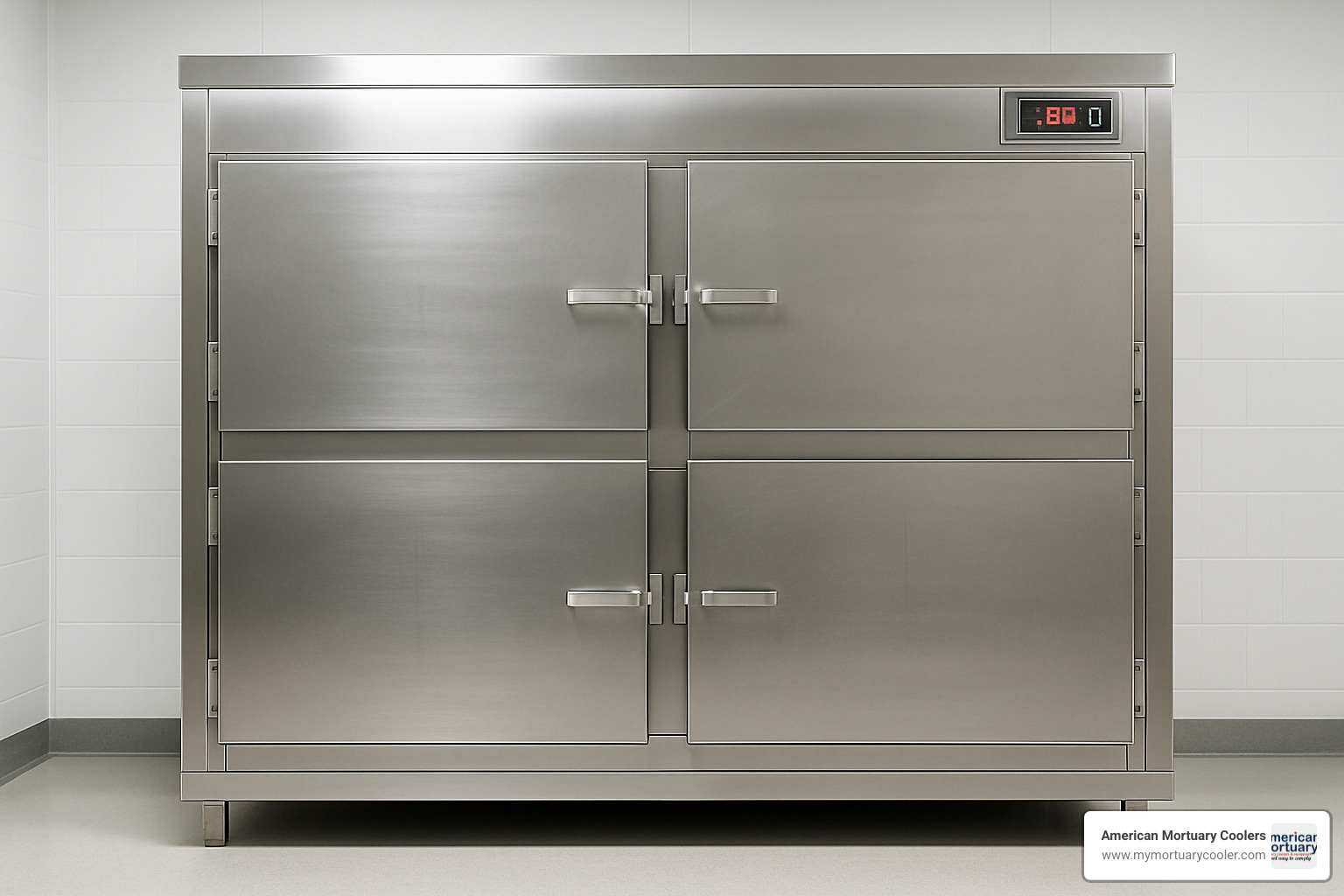 Professional mortuary refrigeration unit with digital temperature controls - body in refrigerator