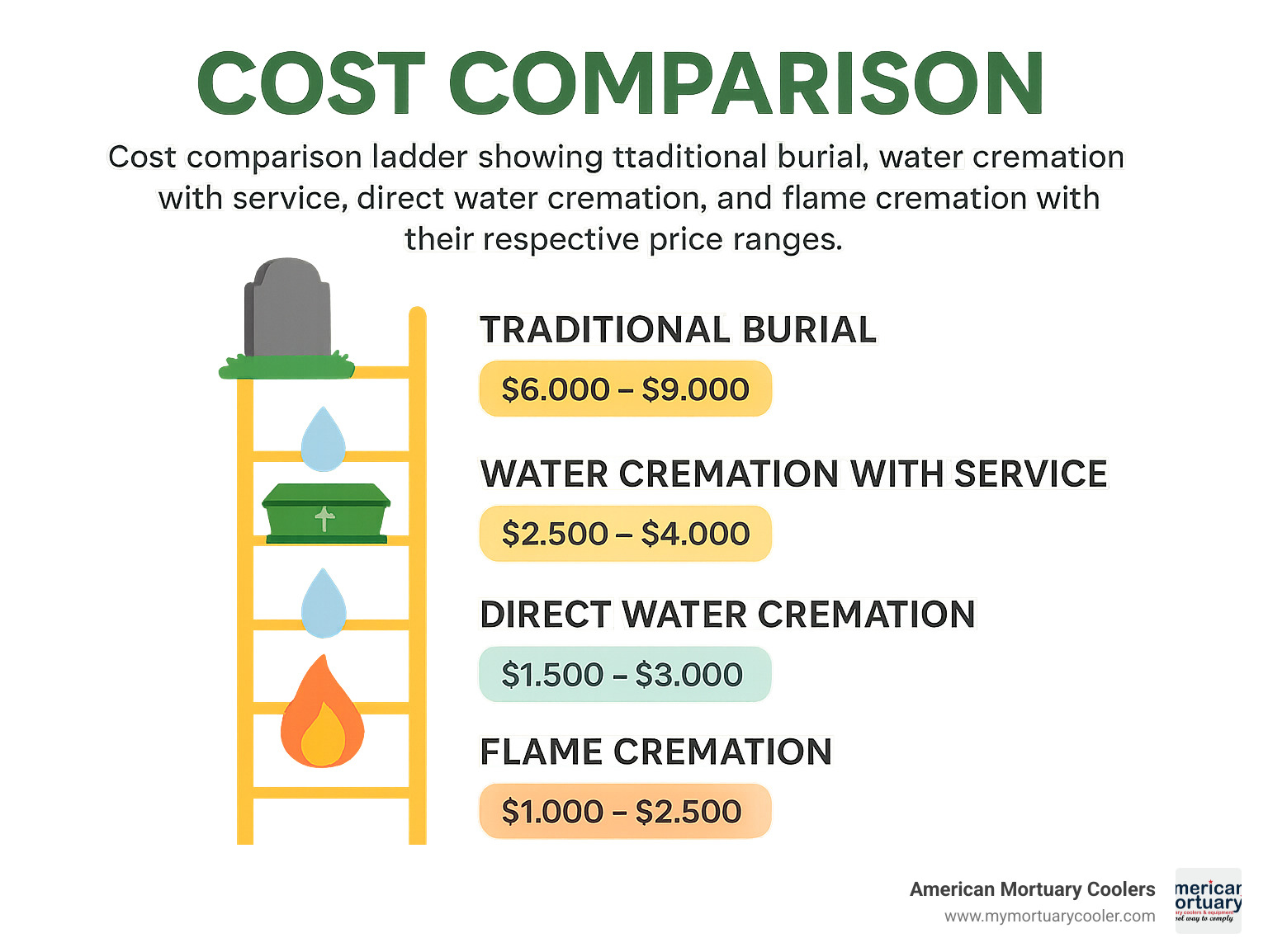 Cost comparison ladder showing traditional burial, water cremation with service, direct water cremation, and flame cremation with their respective price ranges - how much is water cremation infographic 