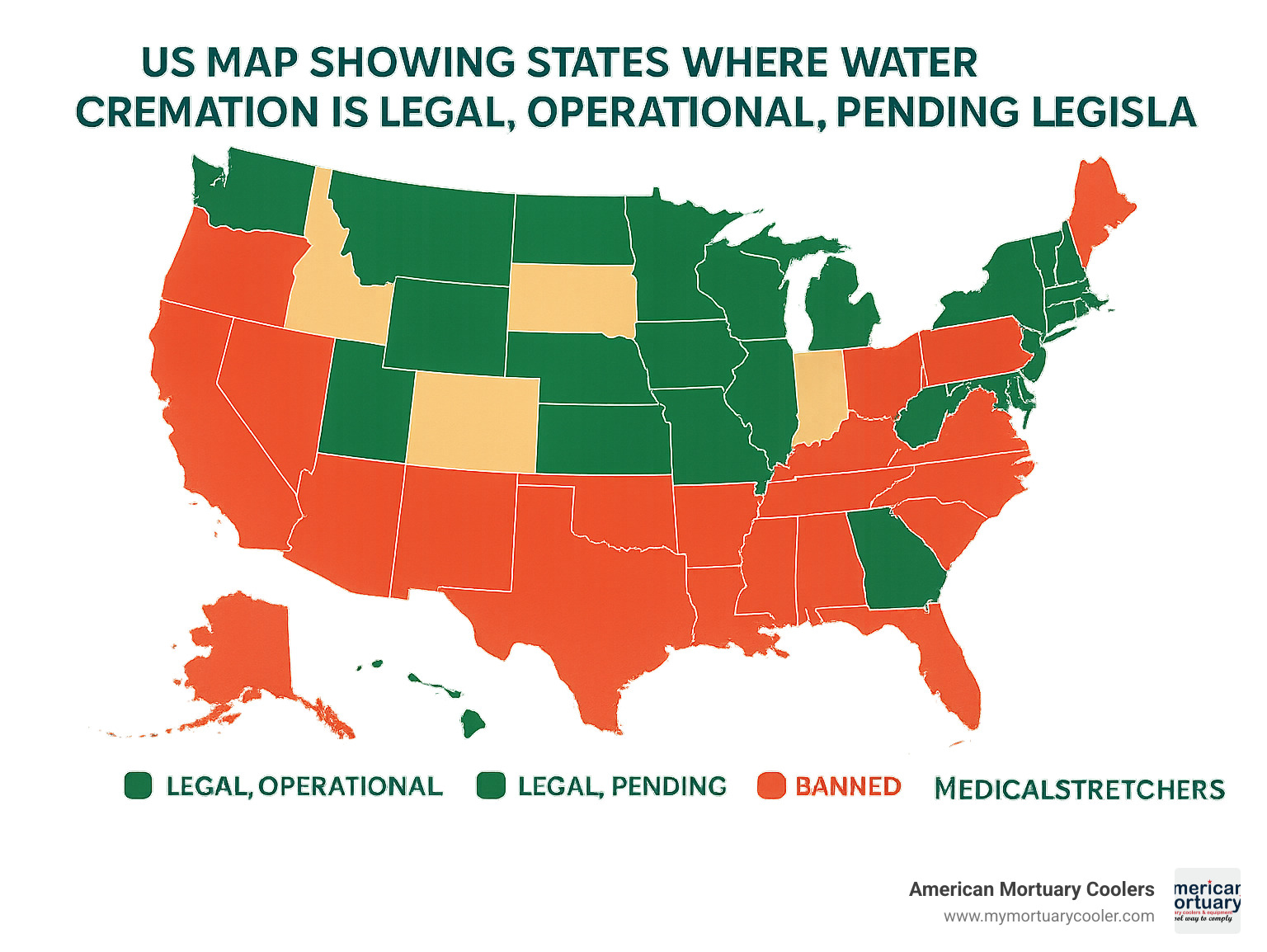 US map showing states where water cremation is legal, operational, pending legislation, or banned - how much is water cremation infographic 