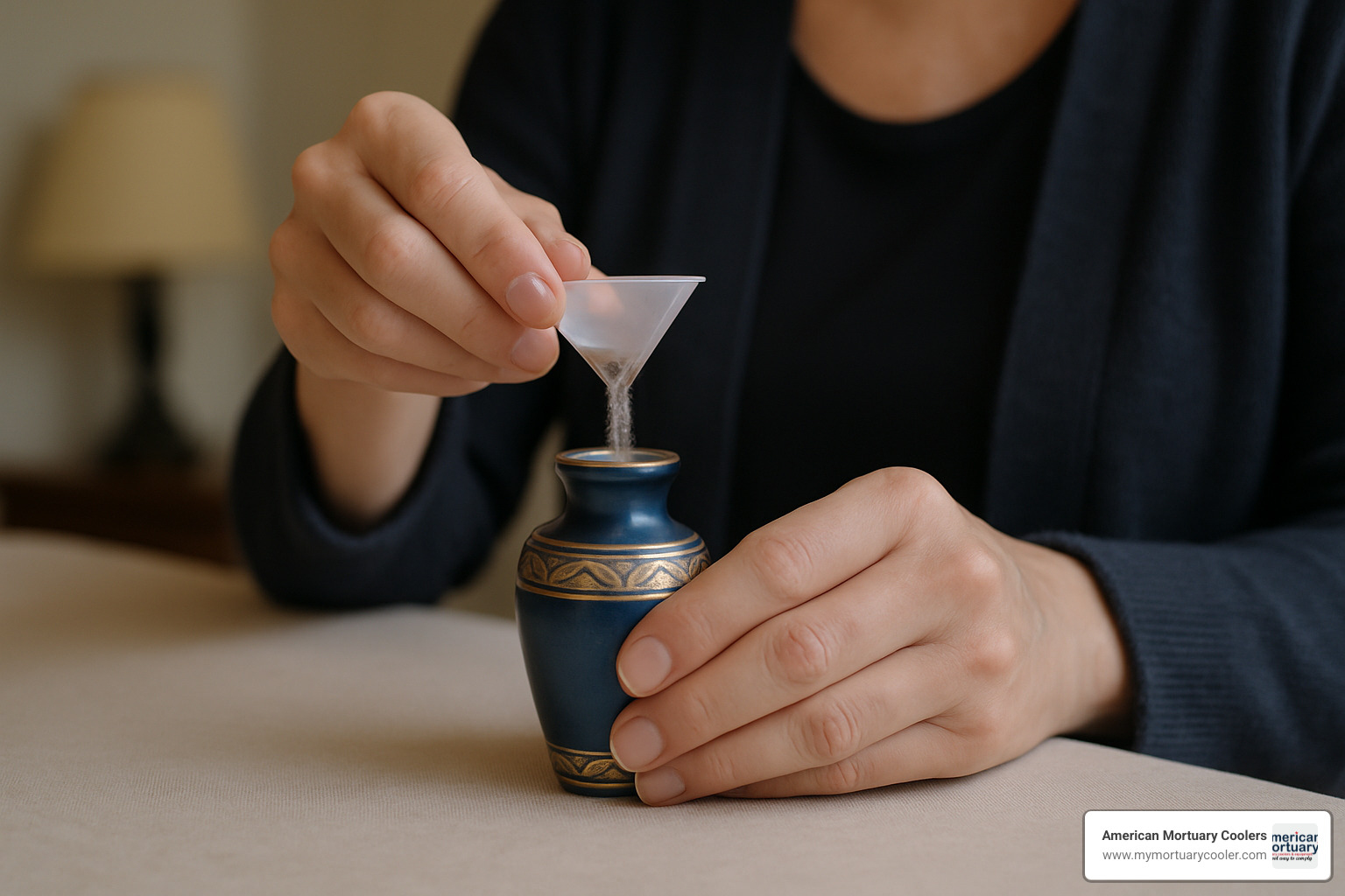 Person carefully filling a small keepsake urn using a funnel - small urns for ashes