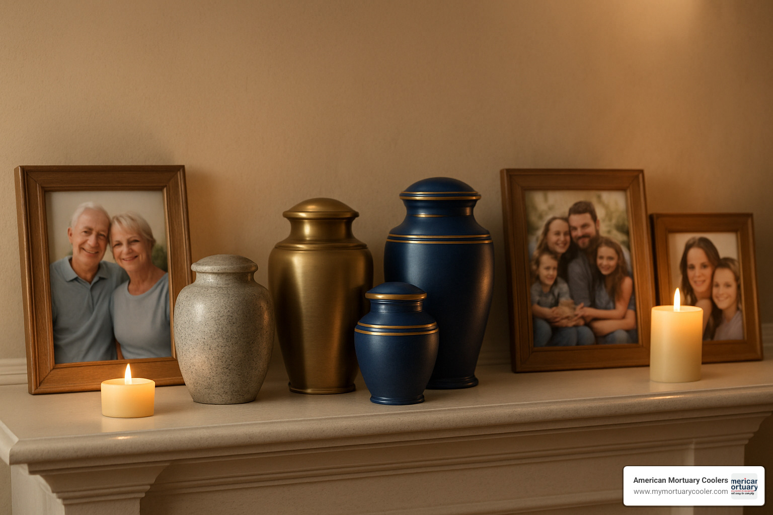 Small keepsake urns displayed on a mantel with family photos and candles - small urns for ashes