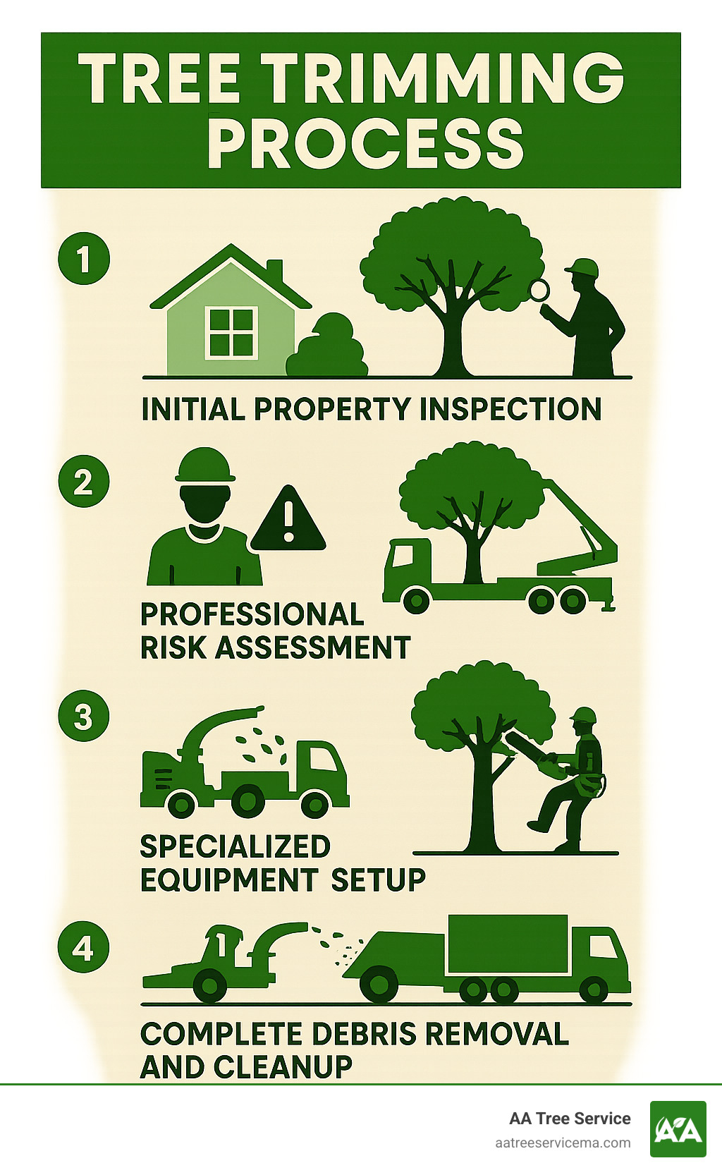 Infographic showing the tree trimming process with 5 steps: 1) Initial property inspection 2) Professional risk assessment 3) Specialized equipment setup 4) Precise cutting techniques 5) Complete debris removal and cleanup - local tree trimmers in my area infographic 
