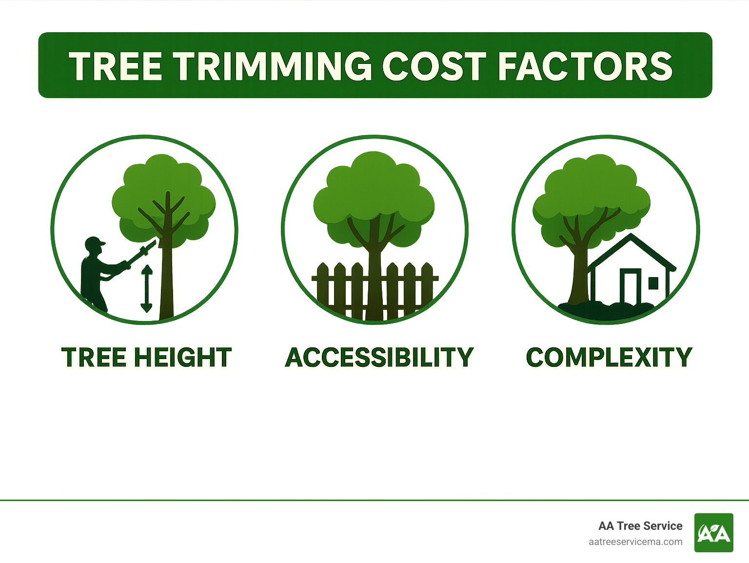 Tree trimming cost factors infographic showing tree height, accessibility, and complexity - local tree trimmers in my area infographic 