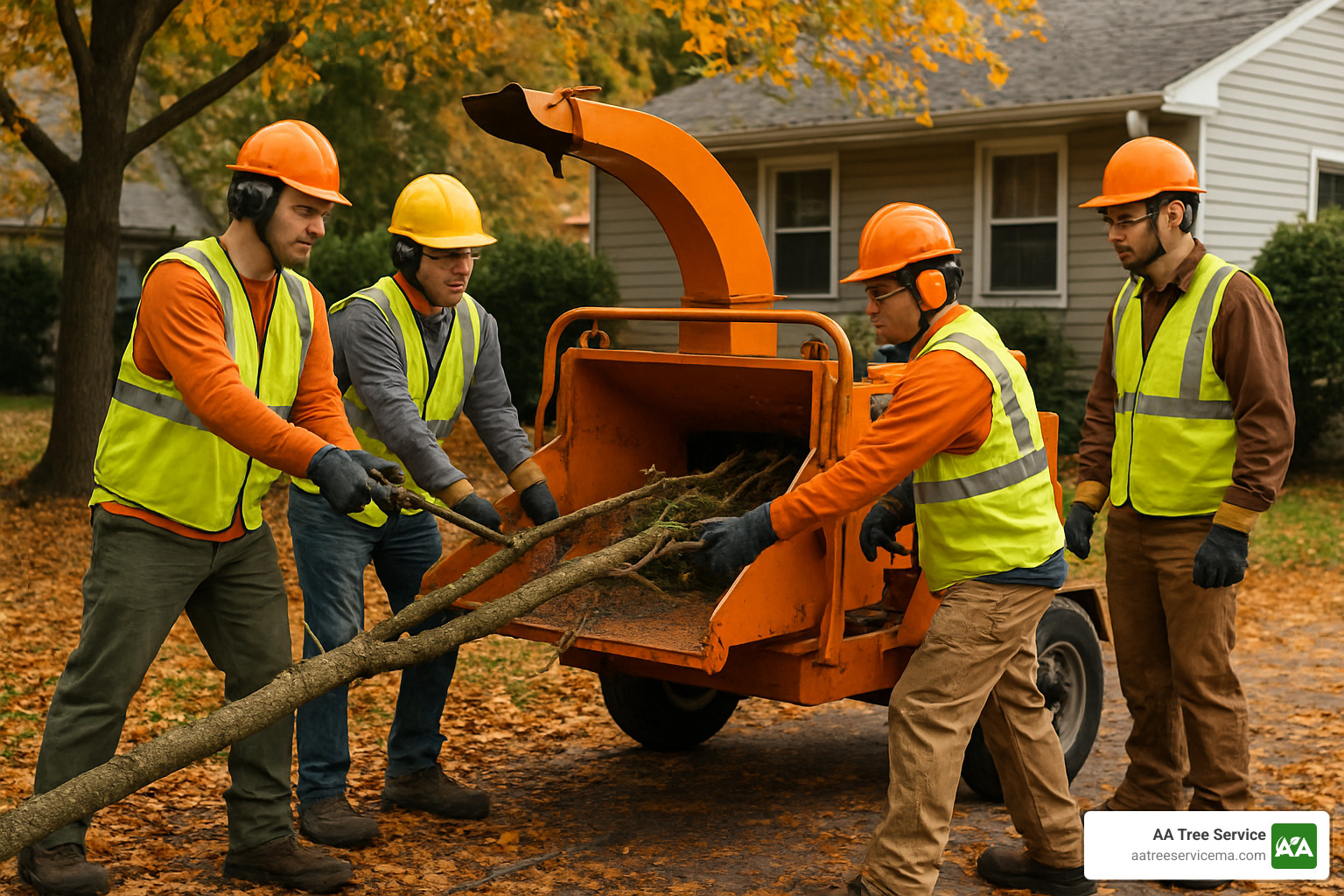 ground crew safely operating wood chipper with proper PPE - local tree trimmers in my area